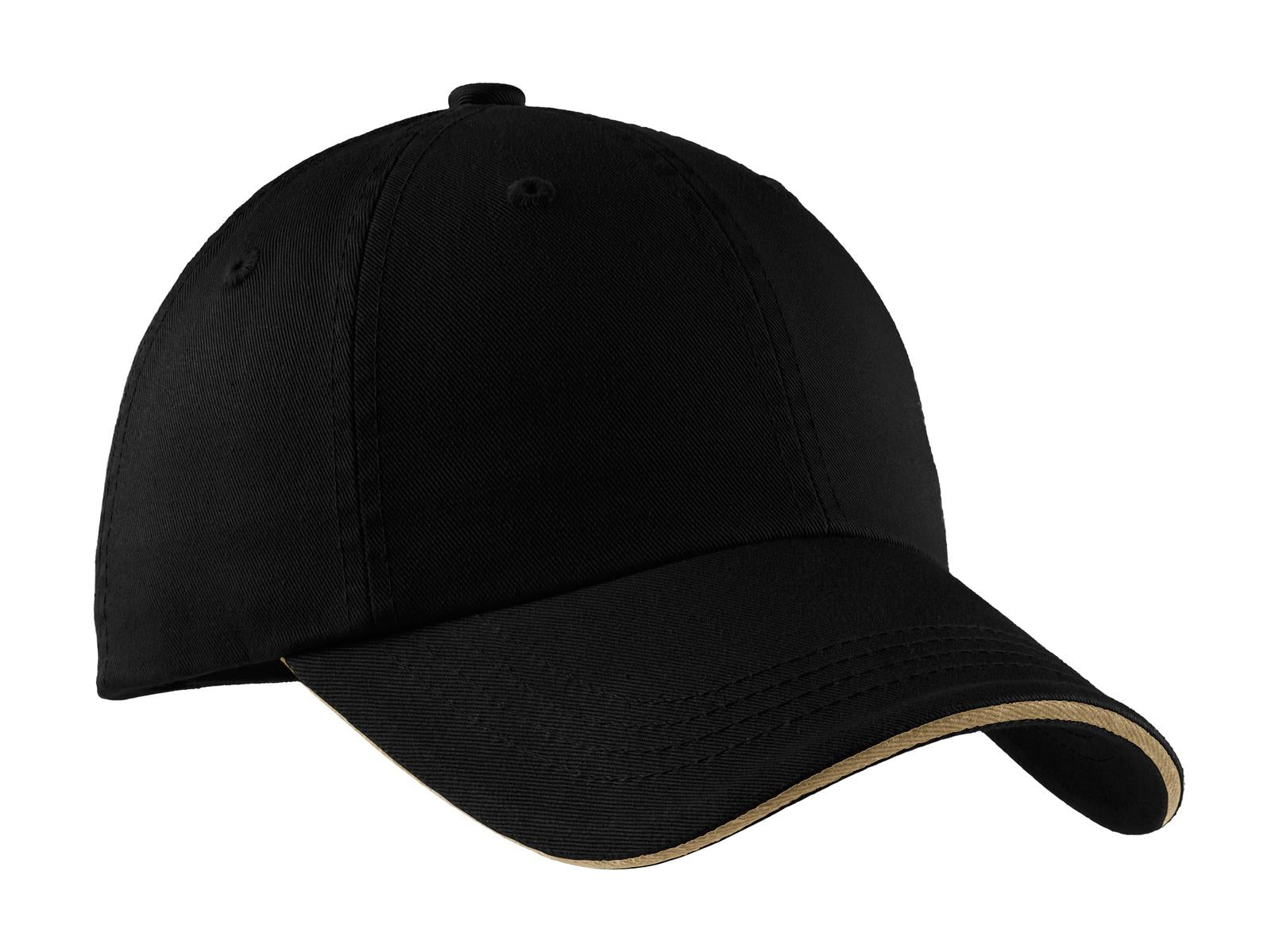 Custom Black/ Khaki Sandwich Bill Cap with Striped Closure C830, personalized by SanCanDo Swag in Argyle, TX