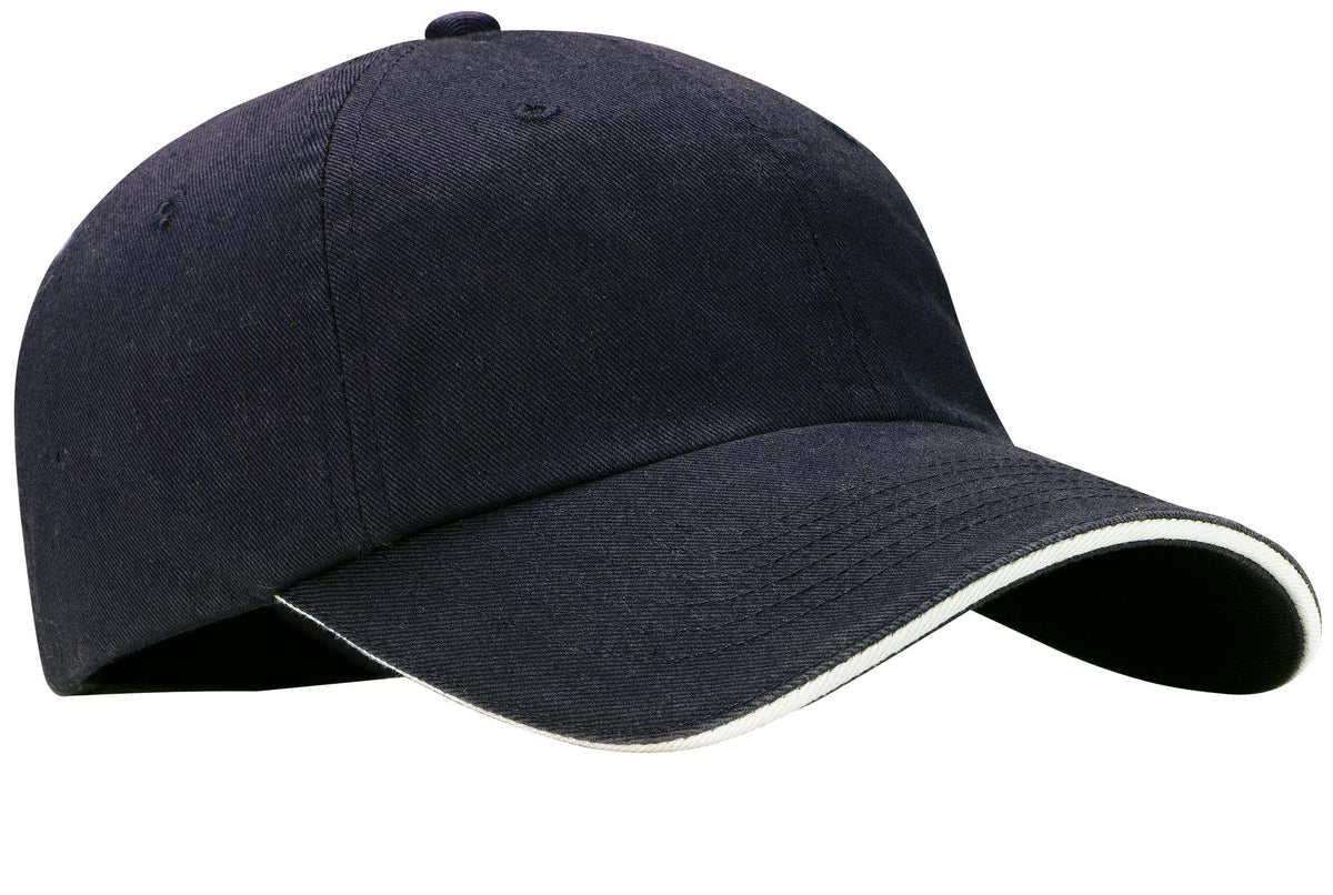 Custom Classic Navy/ White Sandwich Bill Cap with Striped Closure C830, personalized by SanCanDo Swag in Argyle, TX