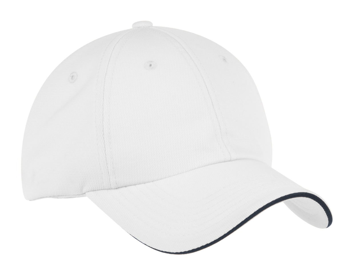 Custom White/ Classic Navy Dry Zone Cap C838, personalized by SanCanDo Swag in Argyle, TX