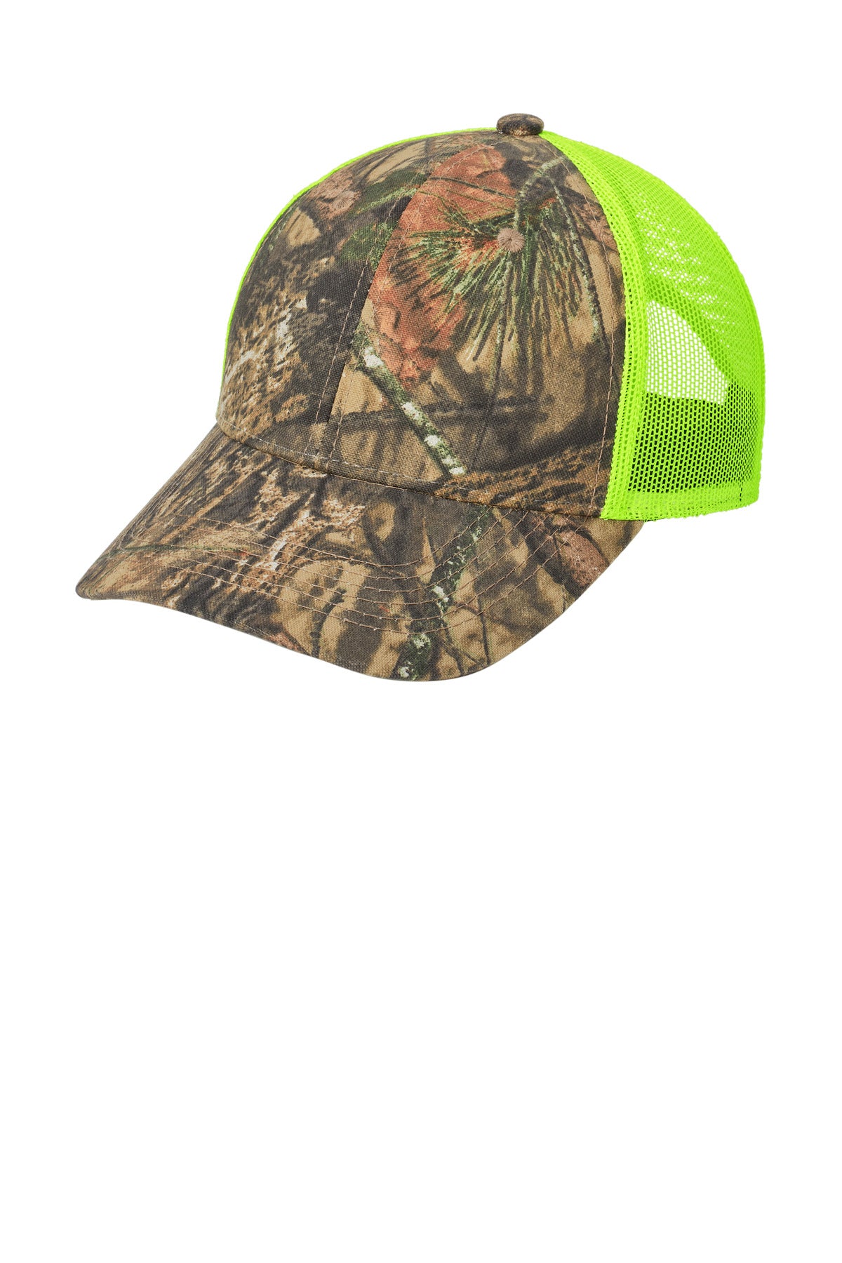 Custom Mossy Oak Break-Up Country/ Neon Yellow Structured Camouflage Mesh Back Cap C930, personalized by SanCanDo Swag in Argyle, TX