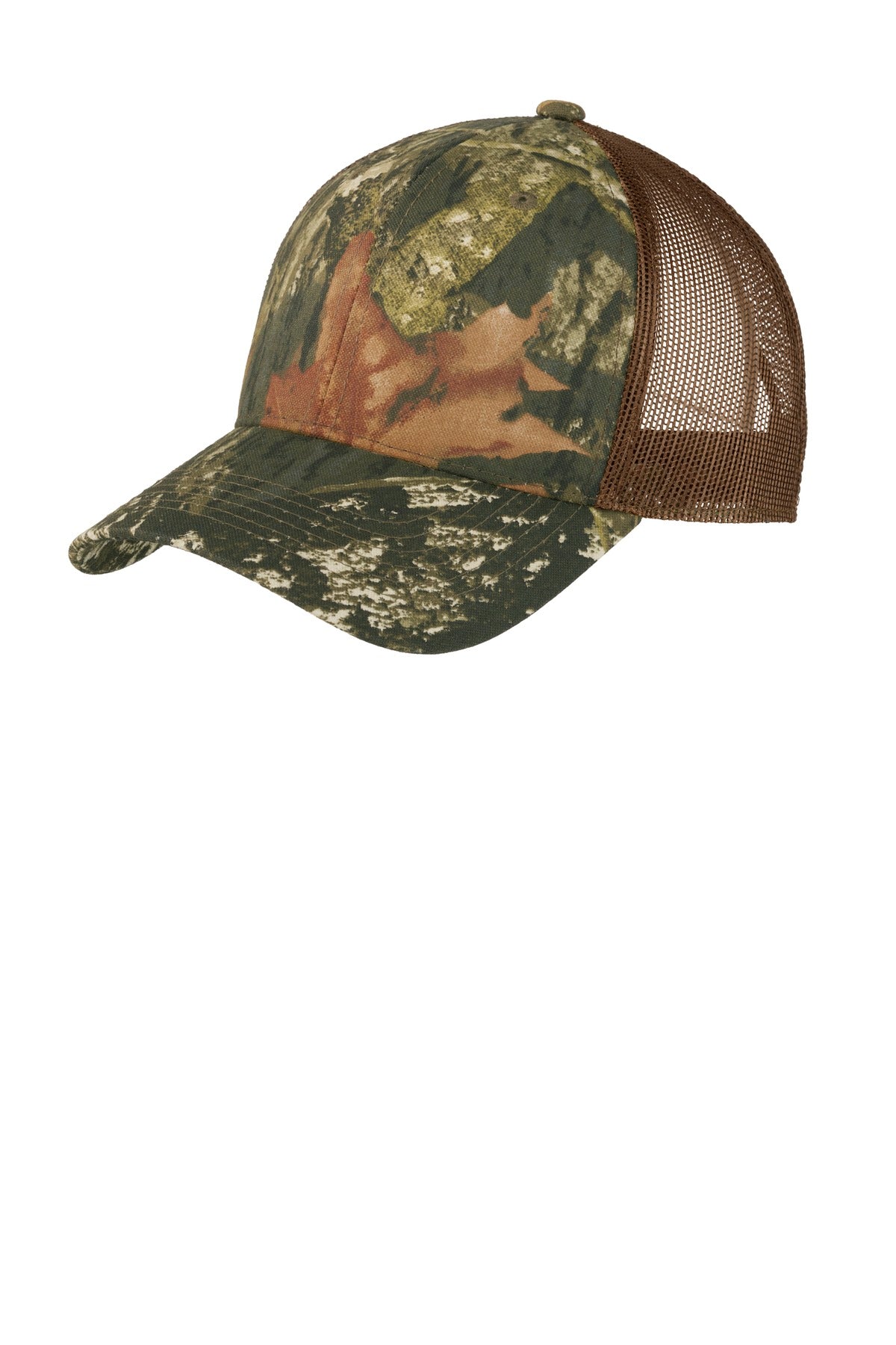 Custom Mossy Oak New Break-Up/ Brown Structured Camouflage Mesh Back Cap C930, personalized by SanCanDo Swag in Argyle, TX