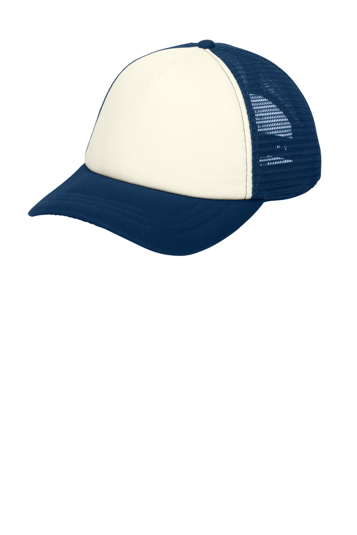 Custom Ivory/ Navy 5-Panel Twill Foam Trucker Cap C936, personalized by SanCanDo Swag in Argyle, TX