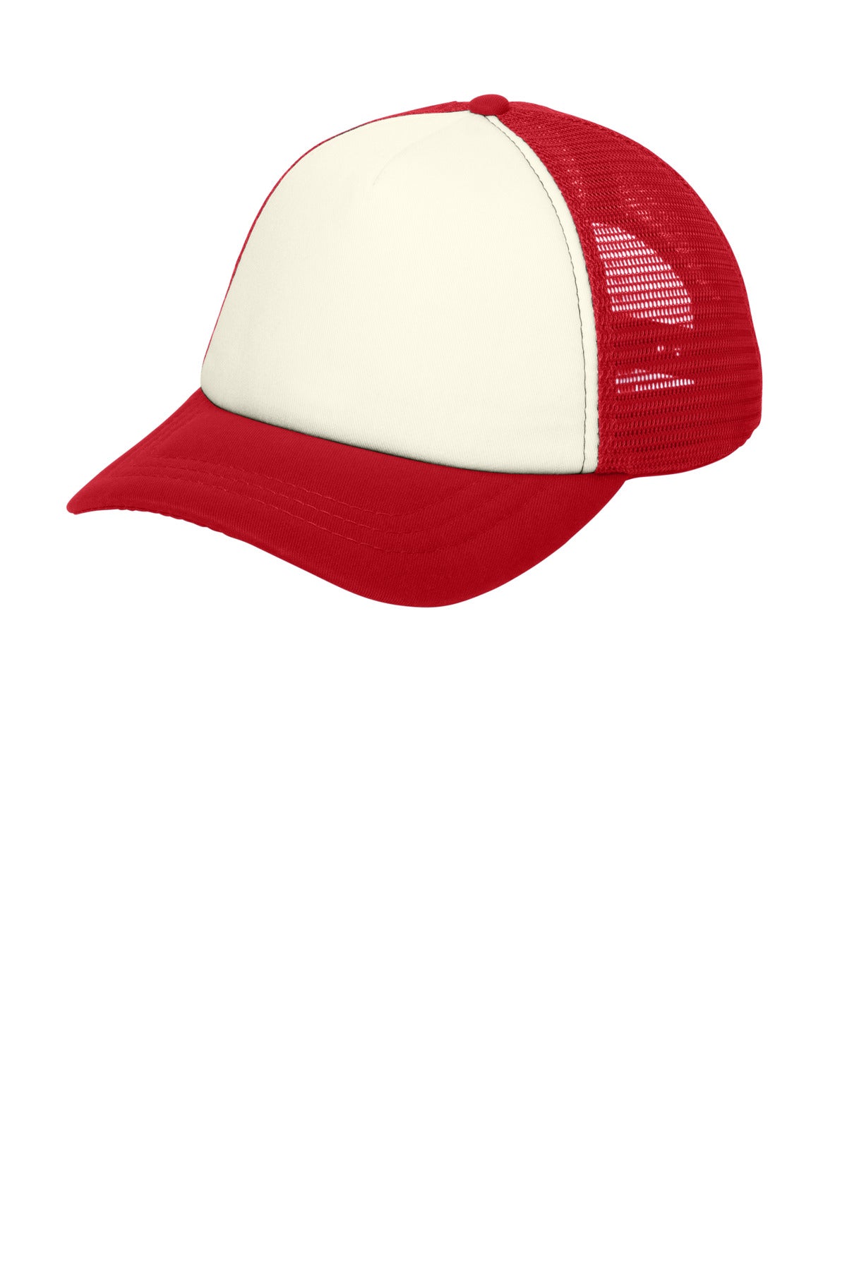 Custom Ivory/ Red 5-Panel Twill Foam Trucker Cap C936, personalized by SanCanDo Swag in Argyle, TX