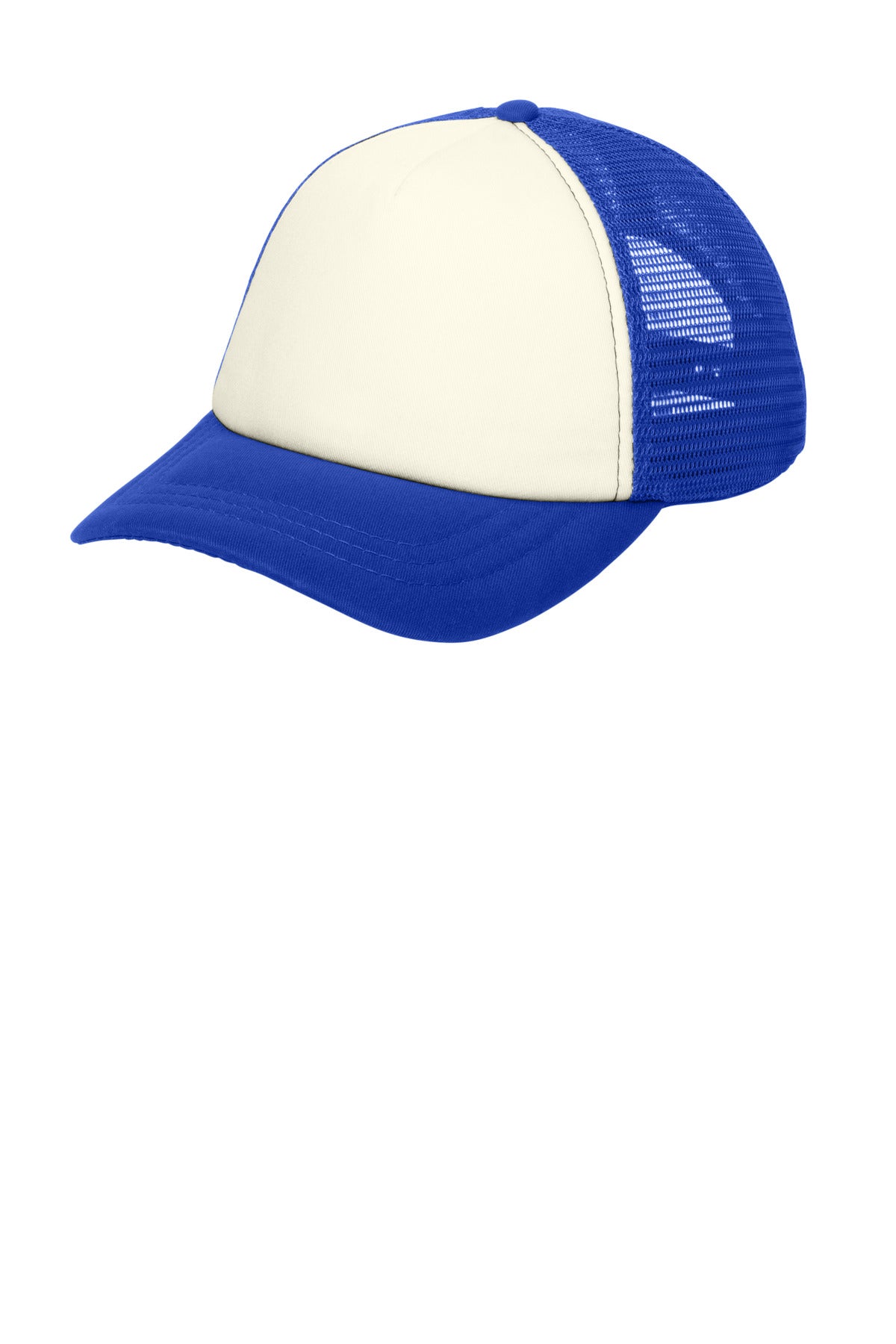 Custom Ivory/ Royal 5-Panel Twill Foam Trucker Cap C936, personalized by SanCanDo Swag in Argyle, TX