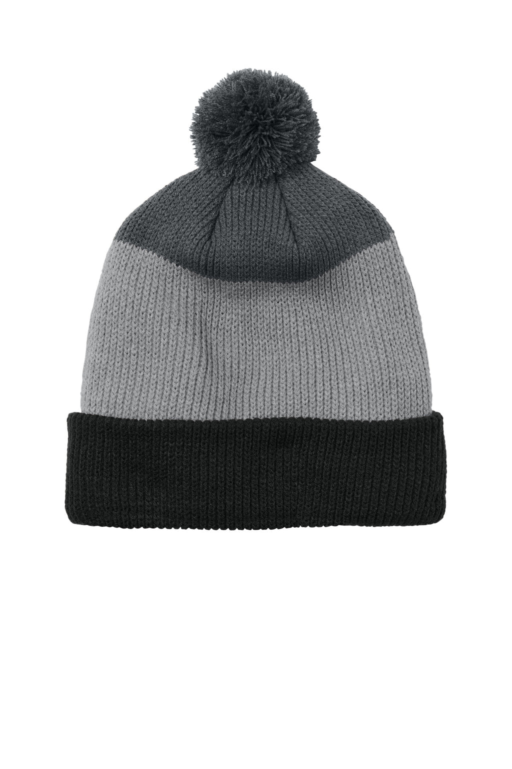 Custom Deep Black/ Gusty Grey/ Storm Grey Cozy Striped Pom Beanie C979, personalized by SanCanDo Swag in Argyle, TX