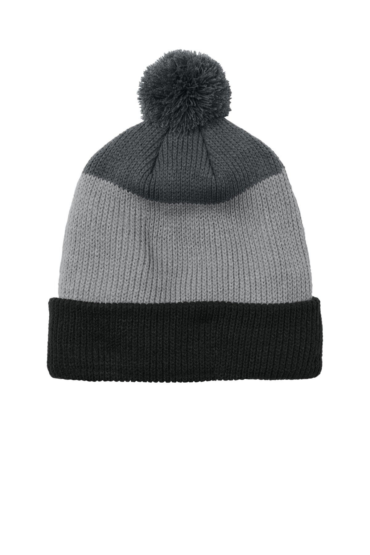 Custom Deep Black/ Gusty Grey/ Storm Grey Cozy Striped Pom Beanie C979, personalized by SanCanDo Swag in Argyle, TX