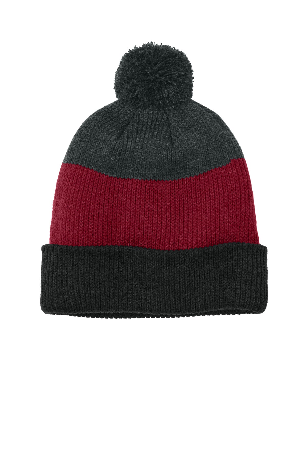 Custom Deep Black/ Rich Red/ Charcoal Heather Cozy Striped Pom Beanie C979, personalized by SanCanDo Swag in Argyle, TX
