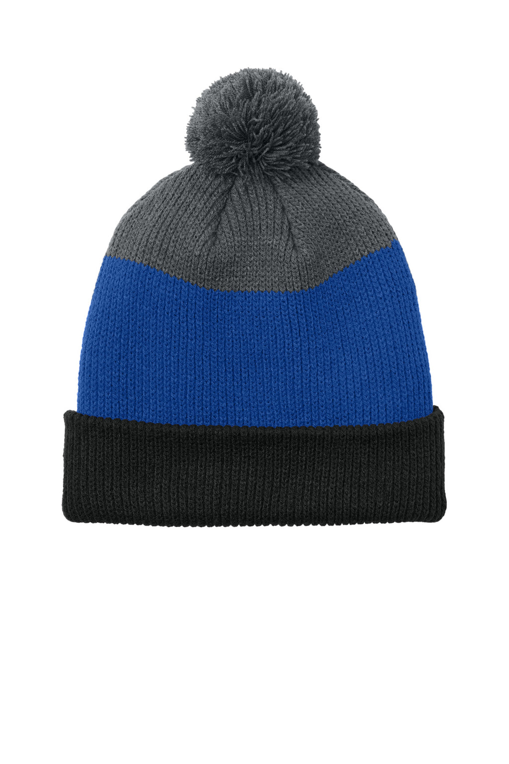 Custom Deep Black/ True Royal/ Storm Grey Cozy Striped Pom Beanie C979, personalized by SanCanDo Swag in Argyle, TX