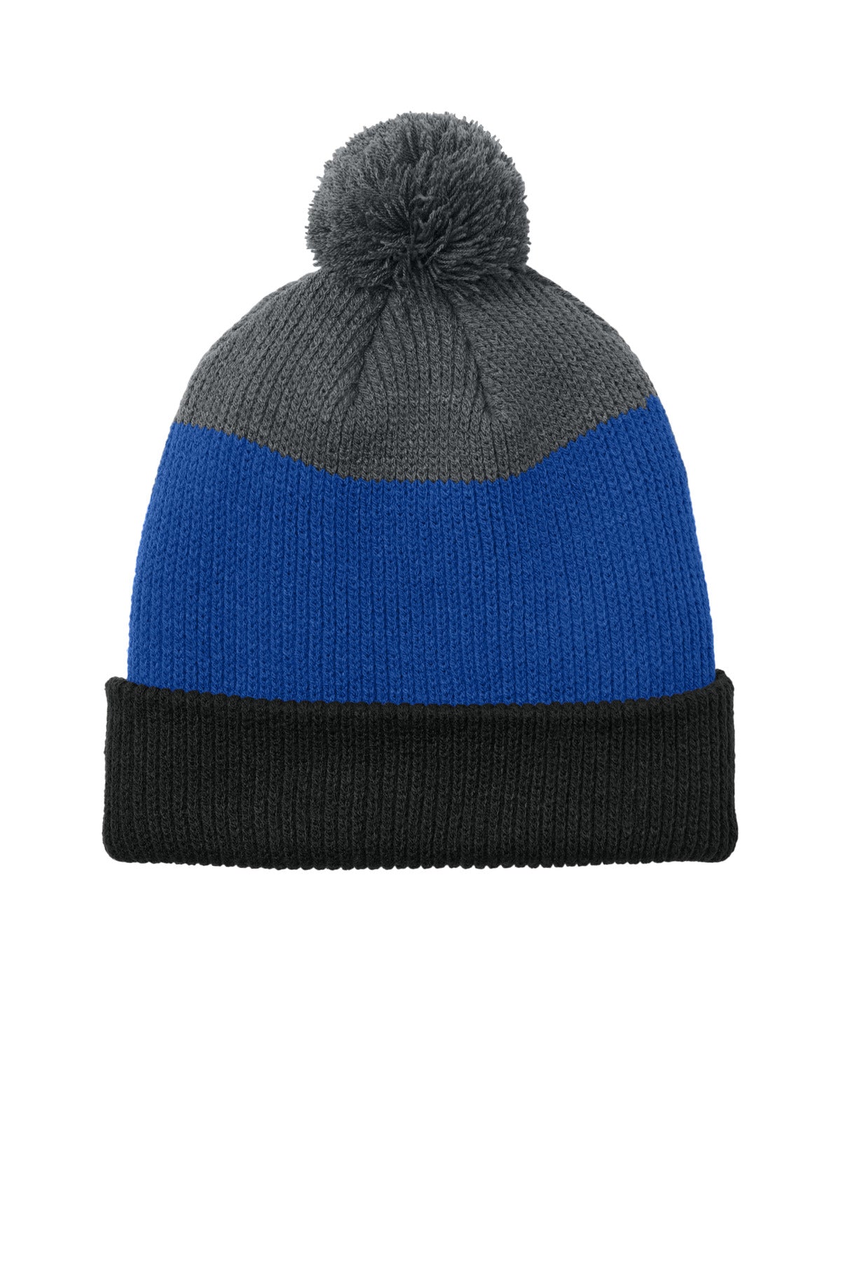 Custom Deep Black/ True Royal/ Storm Grey Cozy Striped Pom Beanie C979, personalized by SanCanDo Swag in Argyle, TX