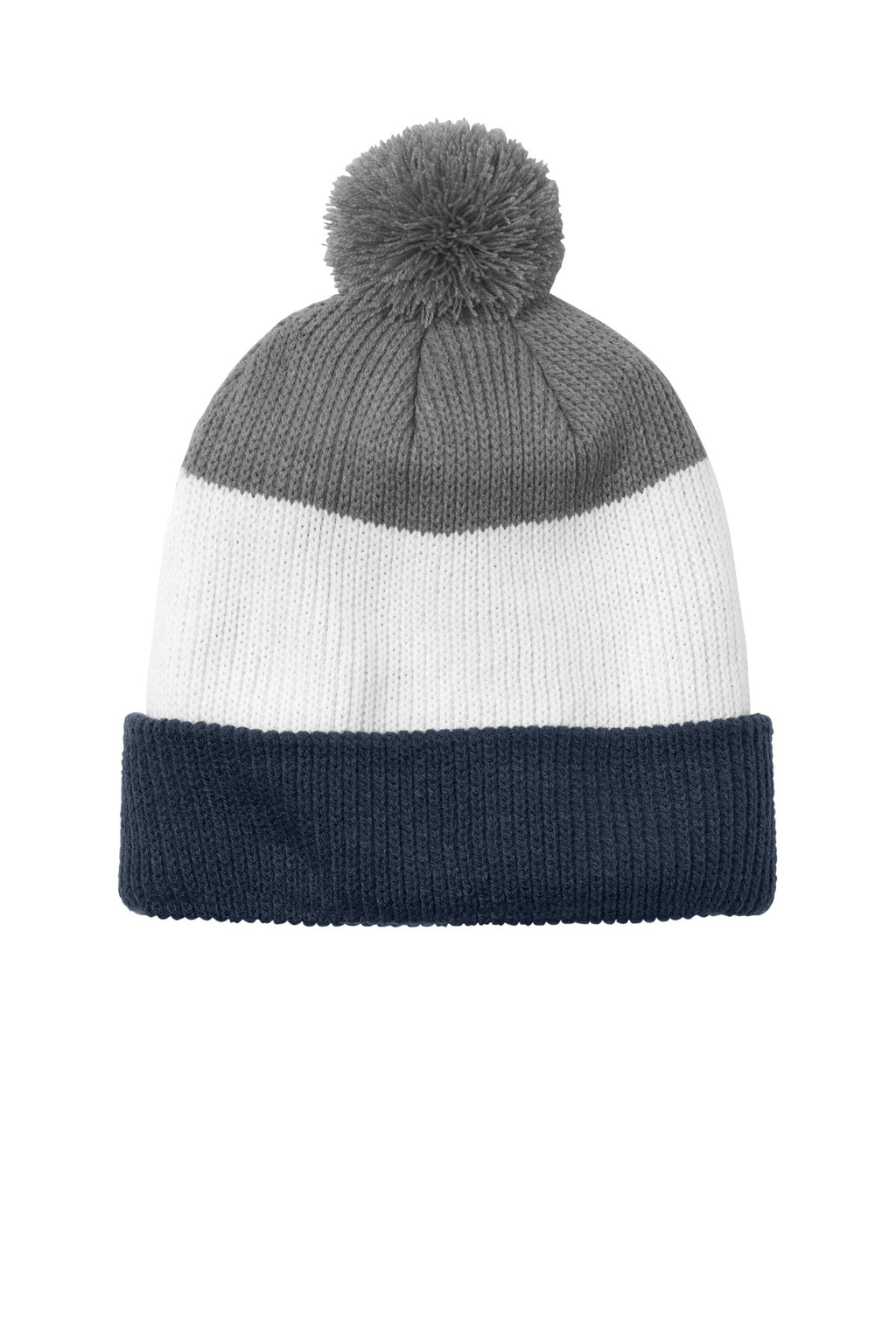 Custom River Blue Navy/ Marshmallow/ Gusty Grey Cozy Striped Pom Beanie C979, personalized by SanCanDo Swag in Argyle, TX