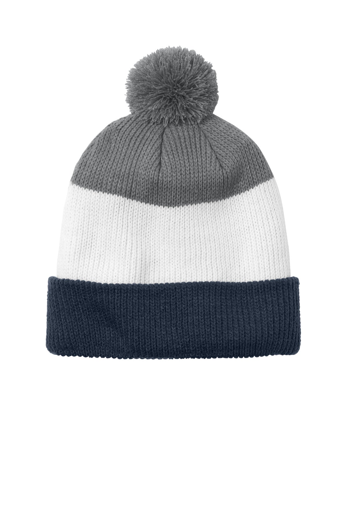 Custom River Blue Navy/ Marshmallow/ Gusty Grey Cozy Striped Pom Beanie C979, personalized by SanCanDo Swag in Argyle, TX