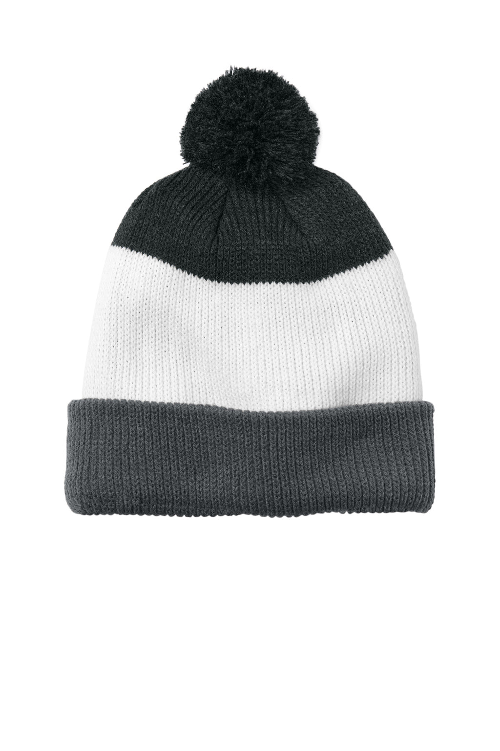 Custom Storm Grey/ Marshmallow/ Charcoal Heather Cozy Striped Pom Beanie C979, personalized by SanCanDo Swag in Argyle, TX