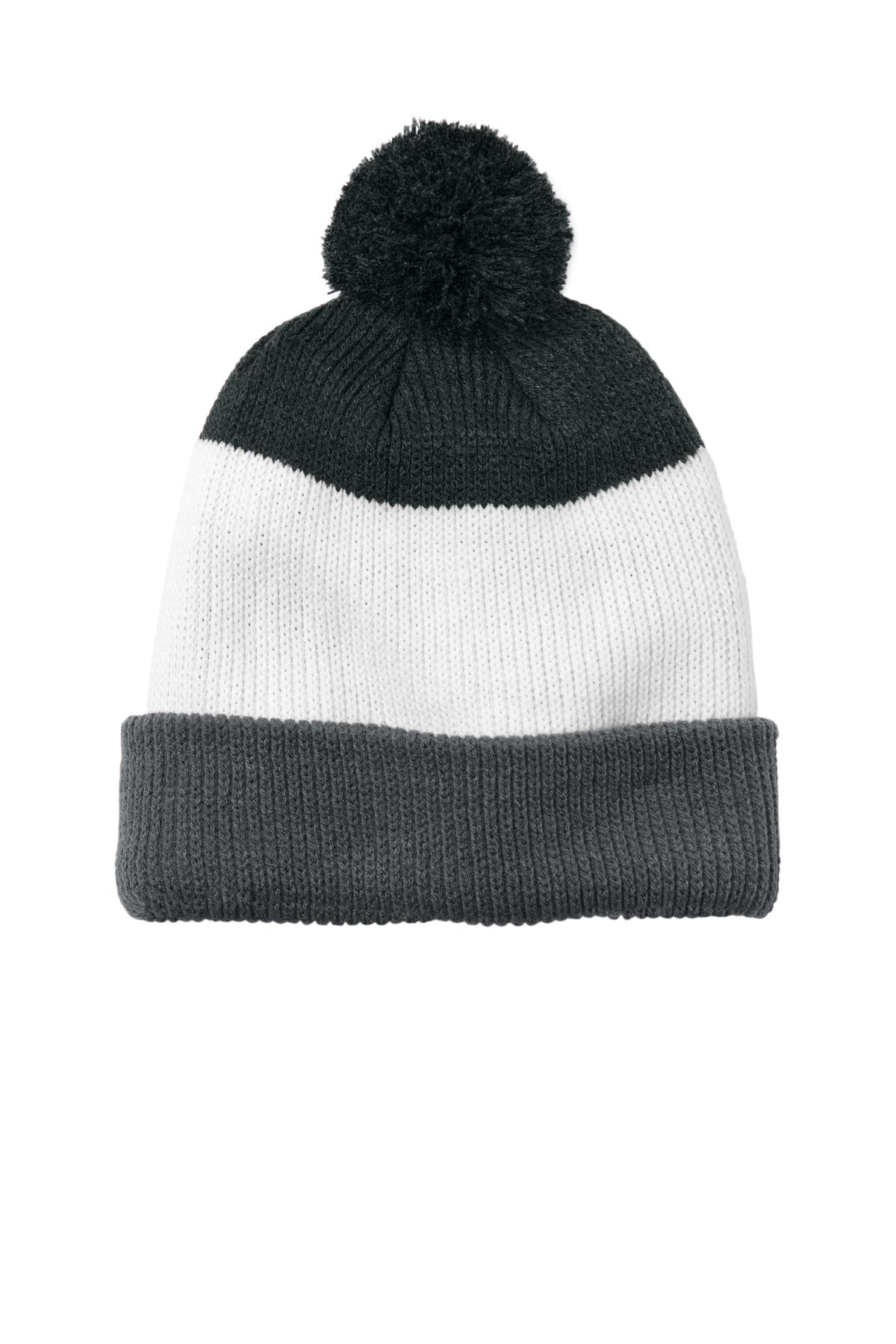 Custom Storm Grey/ Marshmallow/ Charcoal Heather Cozy Striped Pom Beanie C979, personalized by SanCanDo Swag in Argyle, TX