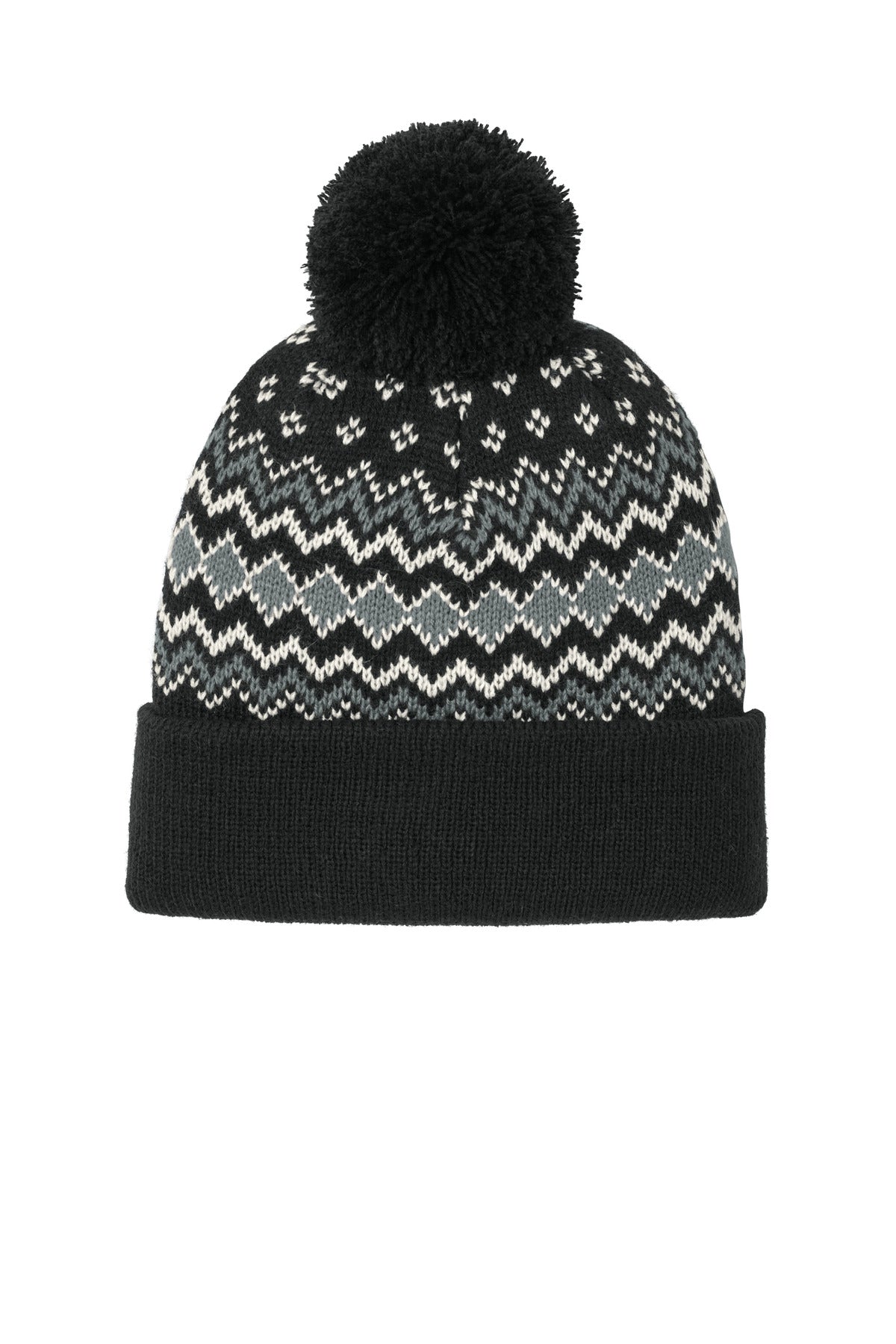 Custom Deep Black/ Gusty Grey/ Marshmallow Alpine Pom Beanie C991, personalized by SanCanDo Swag in Argyle, TX