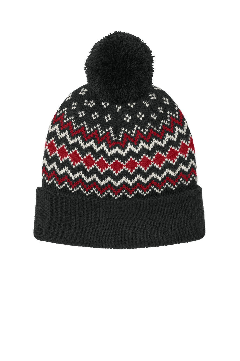 Custom Deep Black/ Rich Red/ Marshmallow Alpine Pom Beanie C991, personalized by SanCanDo Swag in Argyle, TX