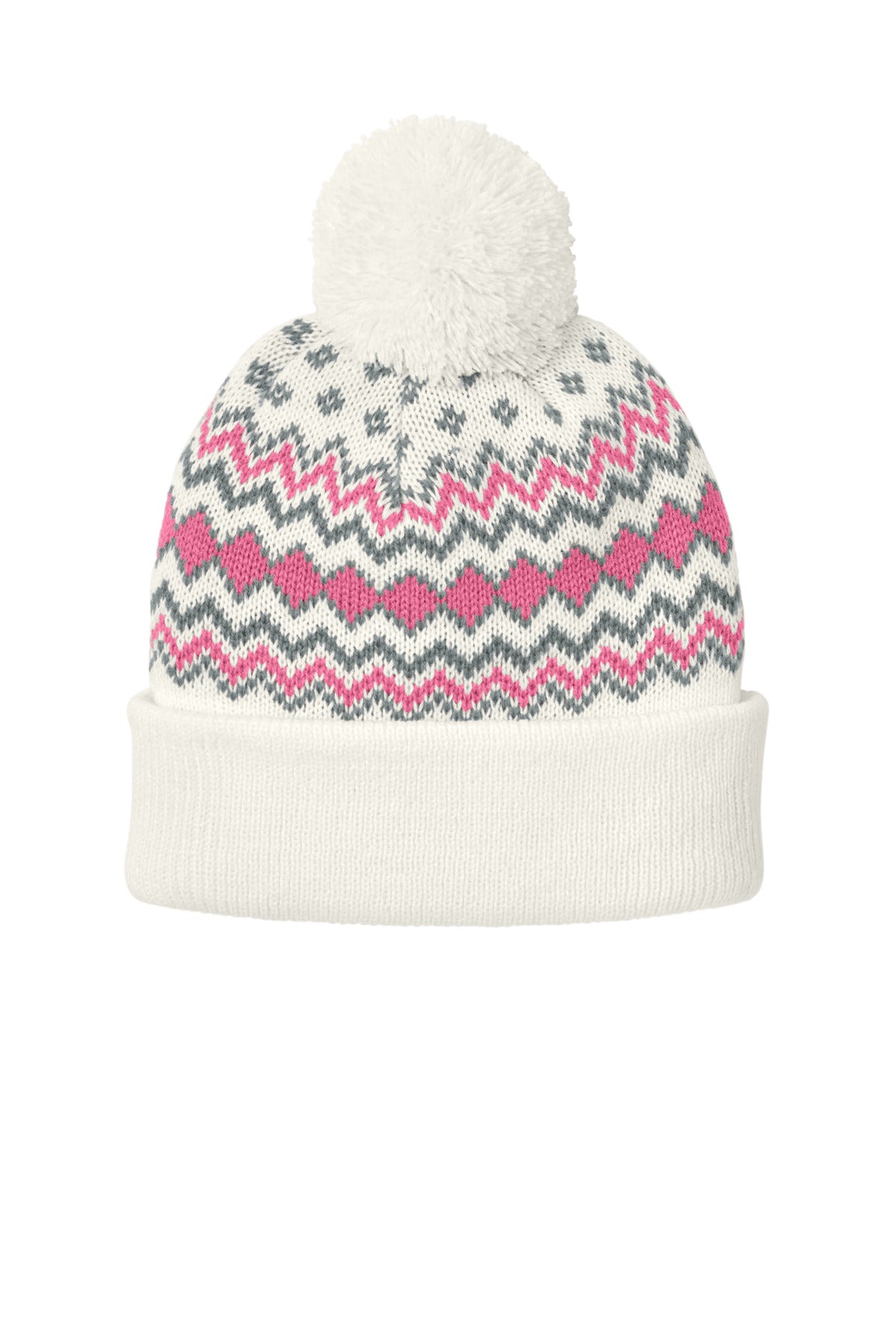 Custom Marshmallow/ Awareness Pink/ Gusty Grey Alpine Pom Beanie C991, personalized by SanCanDo Swag in Argyle, TX