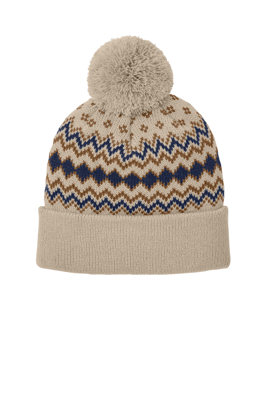 Custom Sahara/ True Navy/ Duck Brown Alpine Pom Beanie C991, personalized by SanCanDo Swag in Argyle, TX