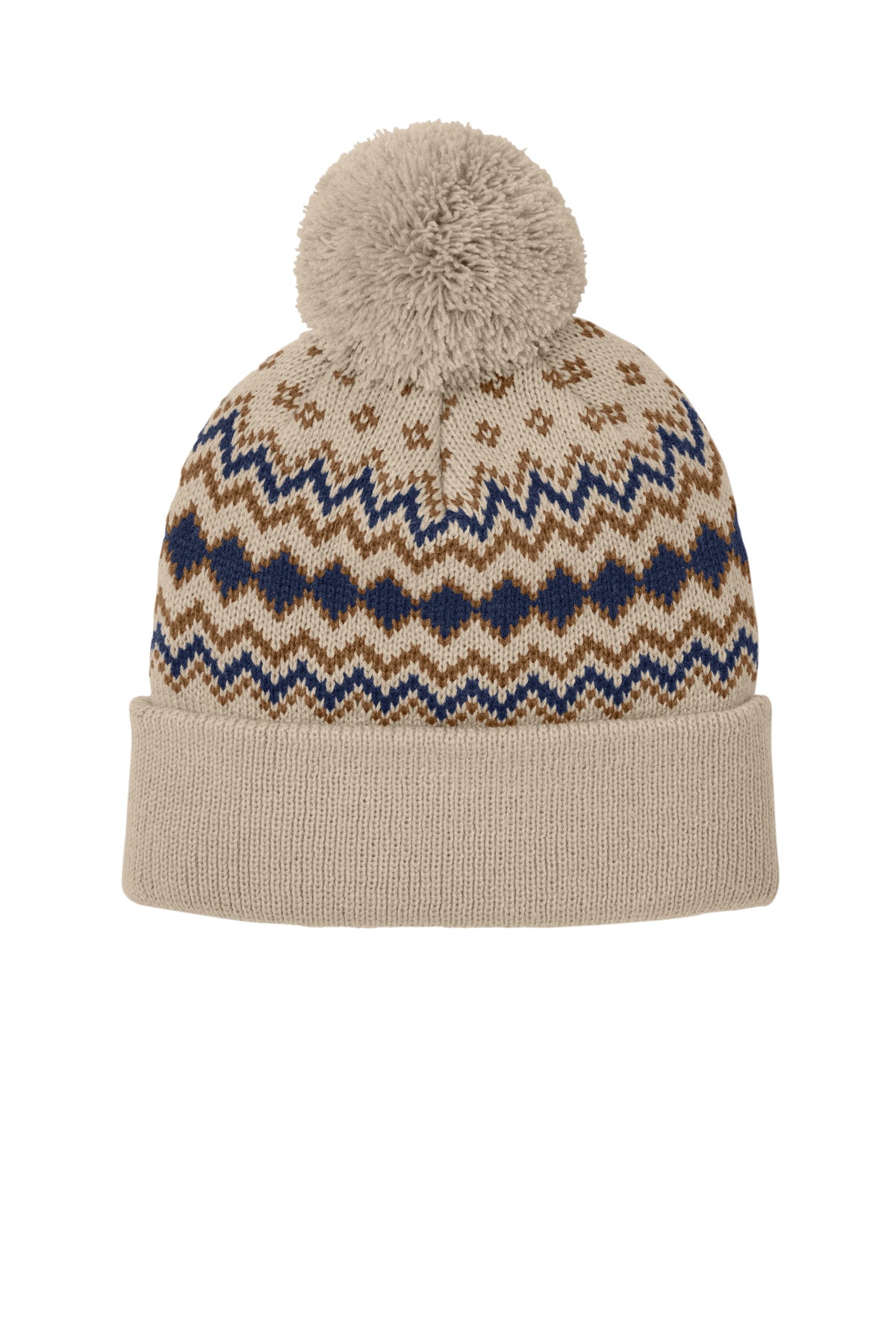 Custom Sahara/ True Navy/ Duck Brown Alpine Pom Beanie C991, personalized by SanCanDo Swag in Argyle, TX
