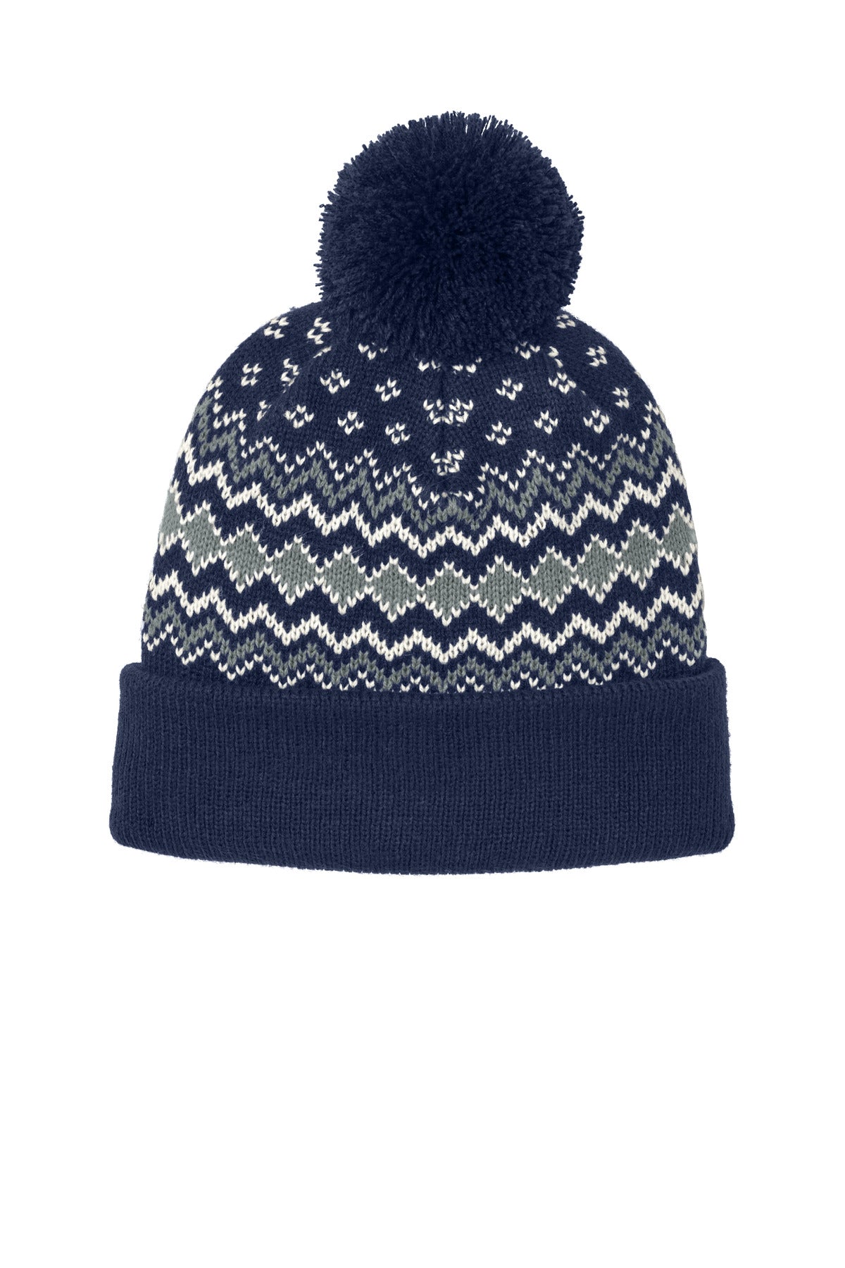 Custom True Navy/ Gusty Grey/ Marshmallow Alpine Pom Beanie C991, personalized by SanCanDo Swag in Argyle, TX