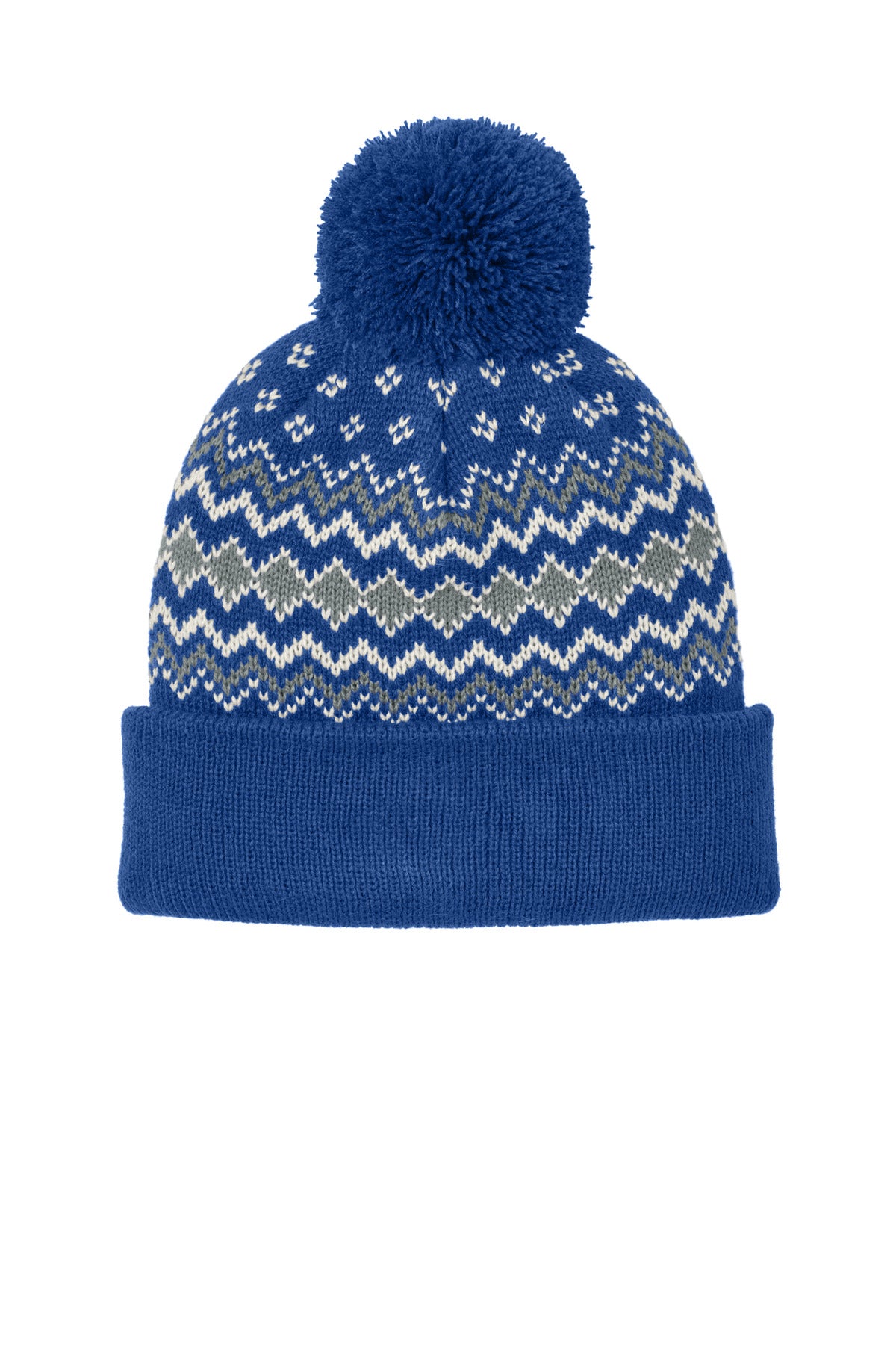 Custom True Royal/ Gusty Grey/ Marshmallow Alpine Pom Beanie C991, personalized by SanCanDo Swag in Argyle, TX