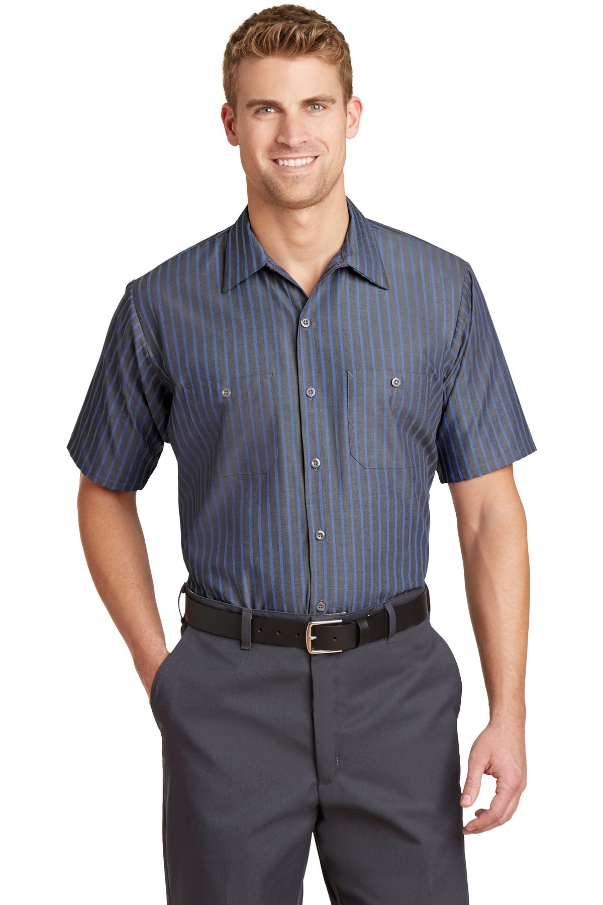 Custom Grey/ Blue Short Sleeve Striped Industrial Work Shirt CS20, personalized by SanCanDo Swag in Argyle, TX