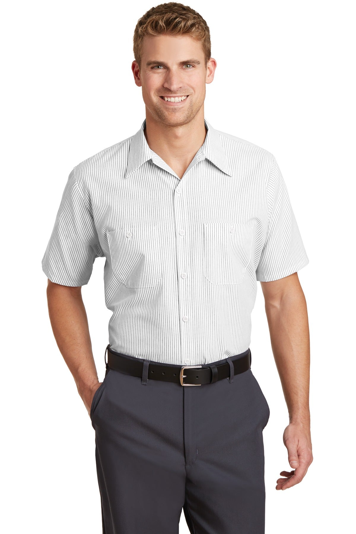 Custom Grey/ White Short Sleeve Striped Industrial Work Shirt CS20, personalized by SanCanDo Swag in Argyle, TX