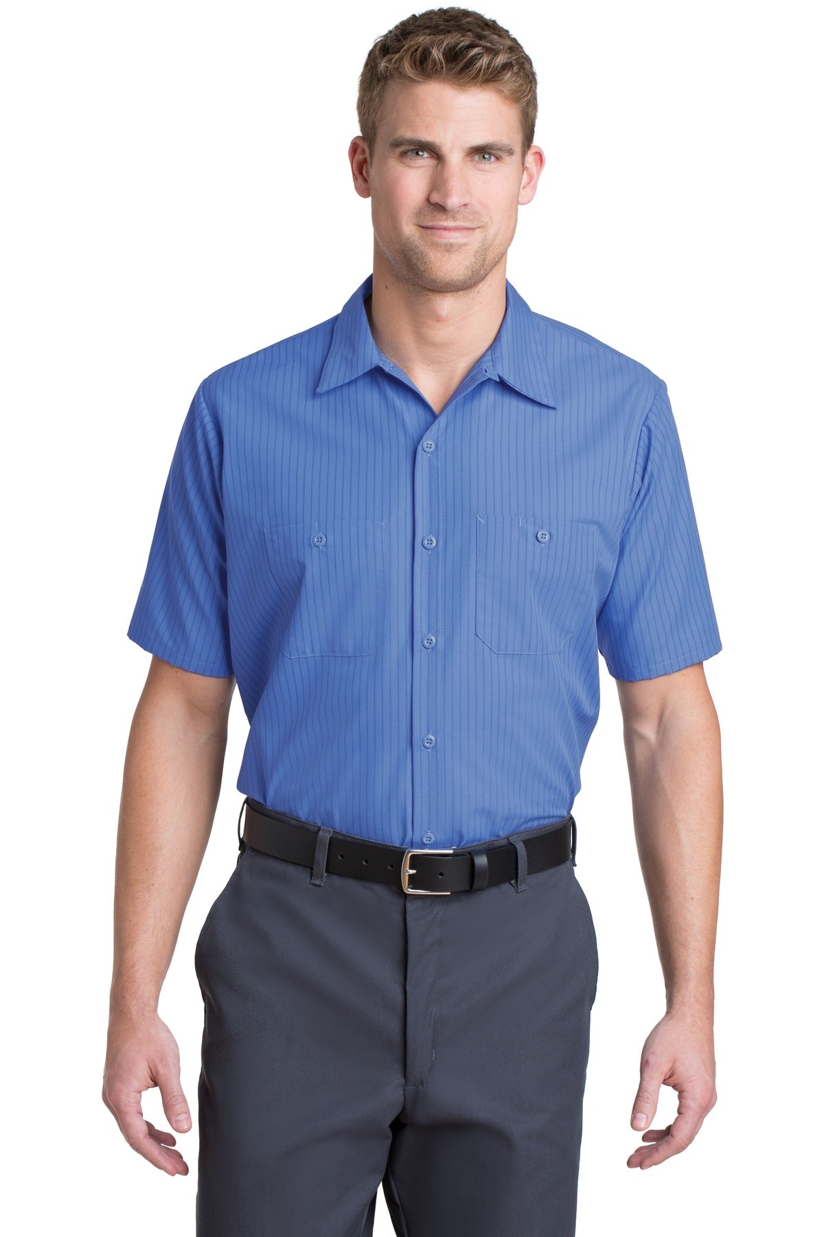 Custom Petrol Blue/ Navy Short Sleeve Striped Industrial Work Shirt CS20, personalized by SanCanDo Swag in Argyle, TX