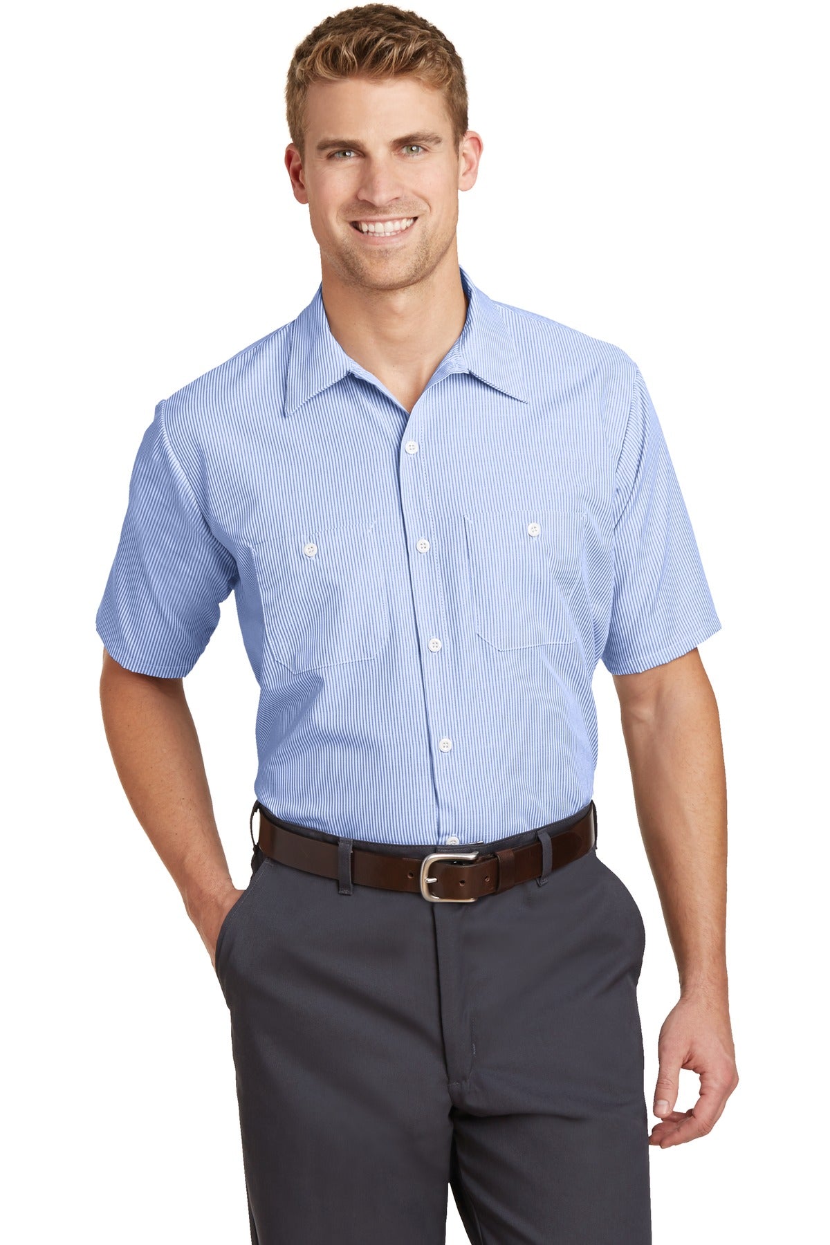 Custom White/ Blue Short Sleeve Striped Industrial Work Shirt CS20, personalized by SanCanDo Swag in Argyle, TX