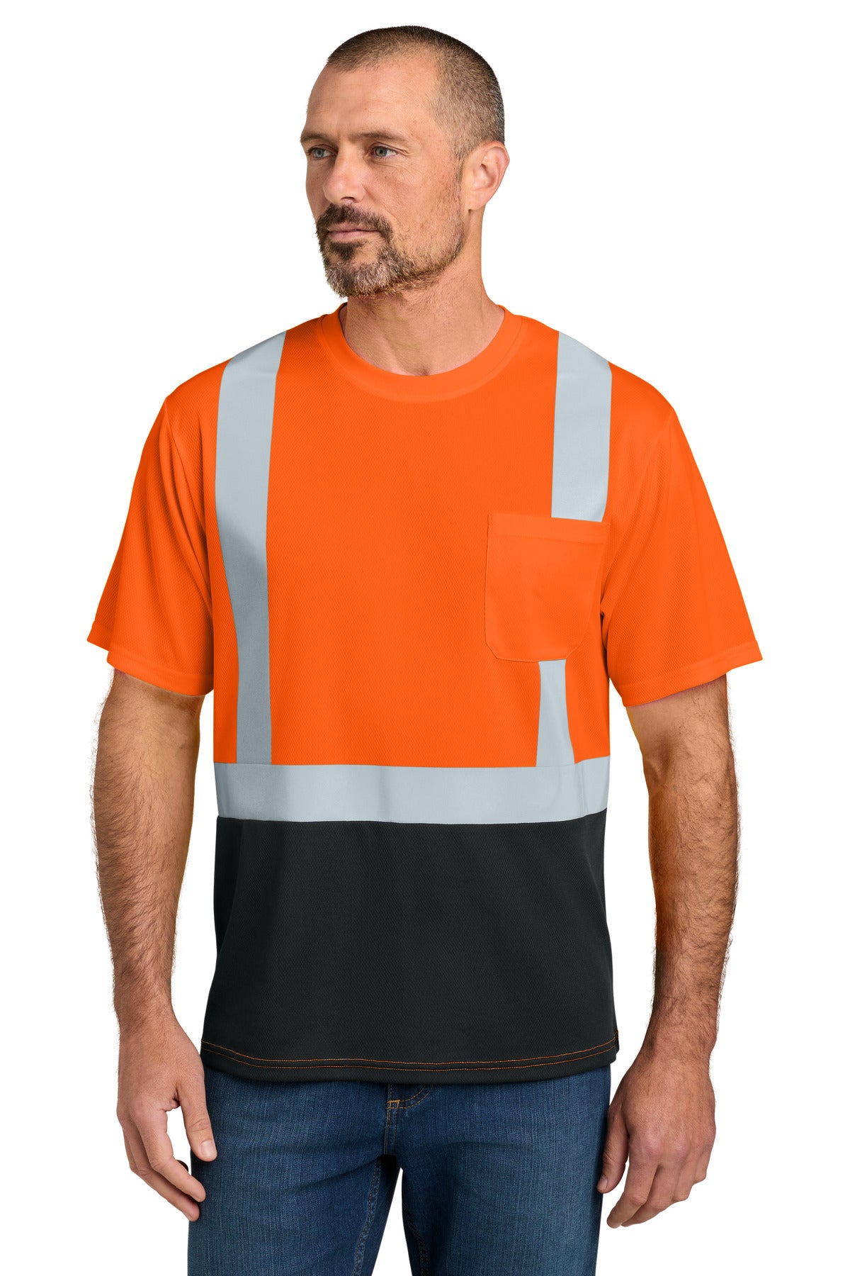 Custom Safety Orange/ Black Sleeve Mesh Blocked Tee CS205, personalized by SanCanDo Swag in Argyle, TX