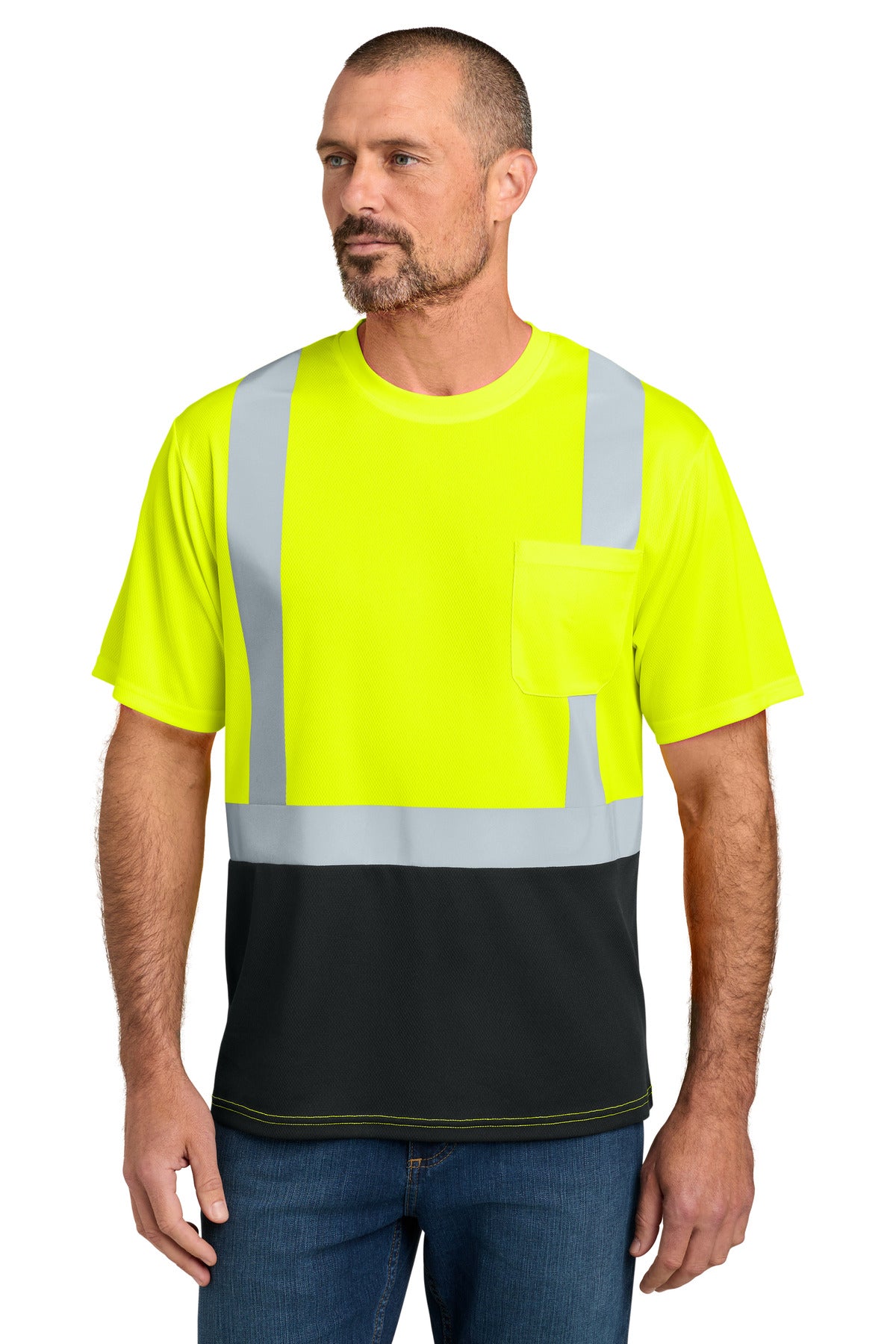 Custom Safety Yellow/ Black Sleeve Mesh Blocked Tee CS205, personalized by SanCanDo Swag in Argyle, TX