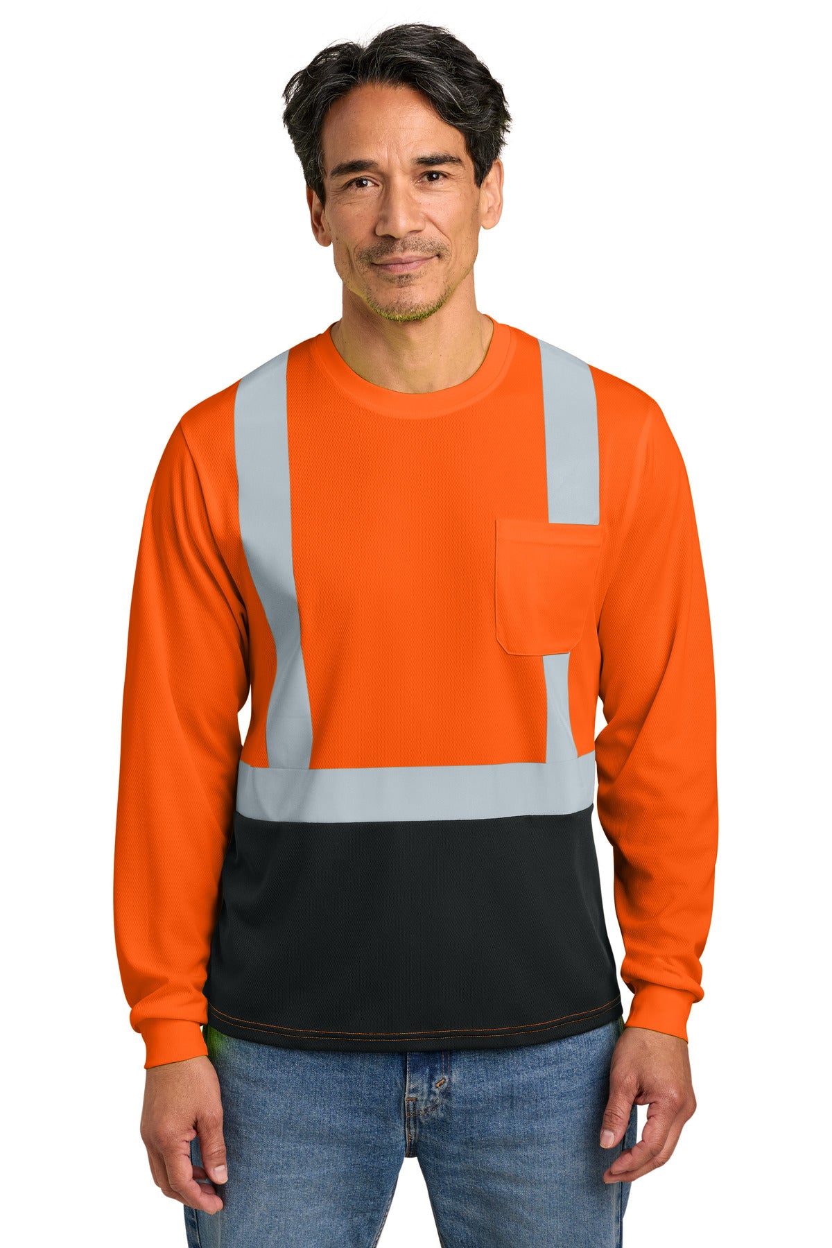 Custom Safety Orange/ Black Sleeve Mesh Blocked Tee CS207, personalized by SanCanDo Swag in Argyle, TX