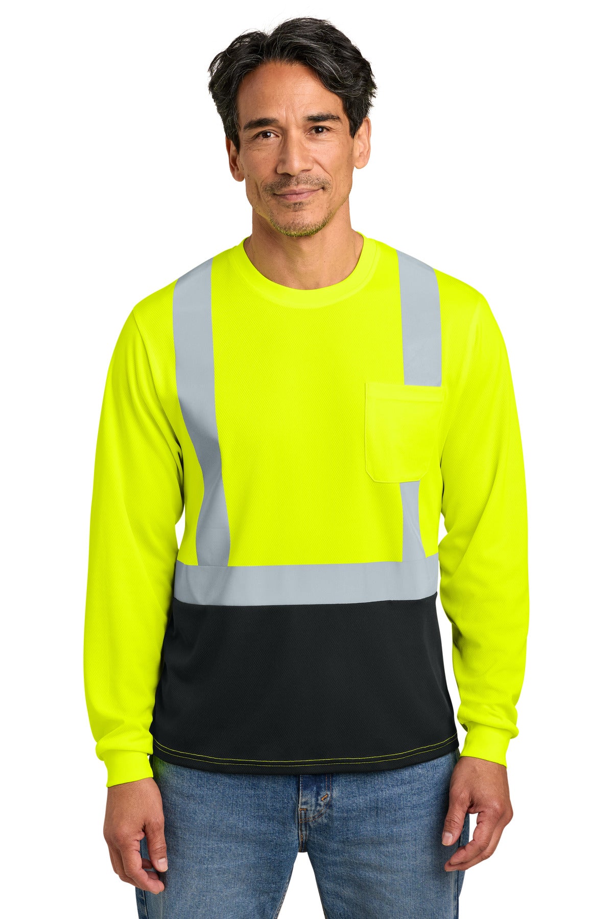 Custom Safety Yellow/ Black Sleeve Mesh Blocked Tee CS207, personalized by SanCanDo Swag in Argyle, TX