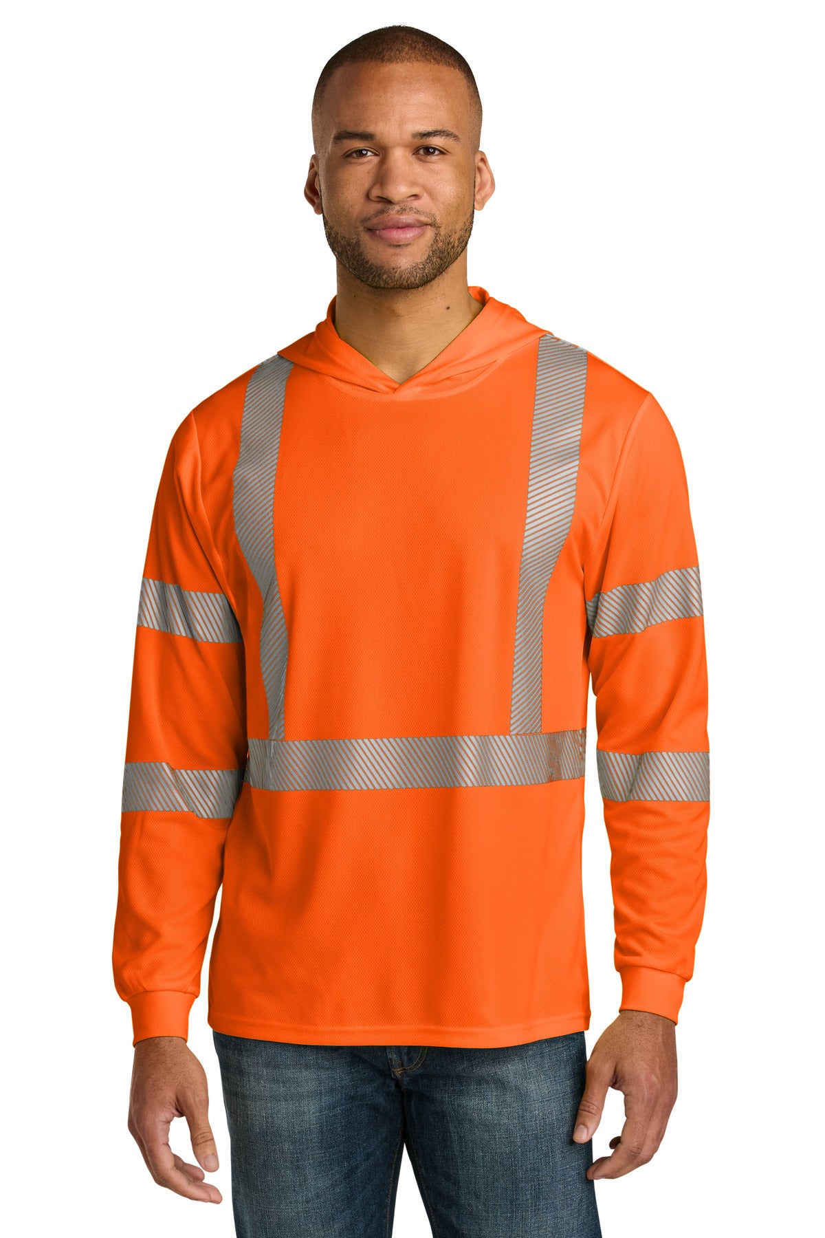 Custom Safety Orange Segmented Tape Hooded Tee CS208, personalized by SanCanDo Swag in Argyle, TX