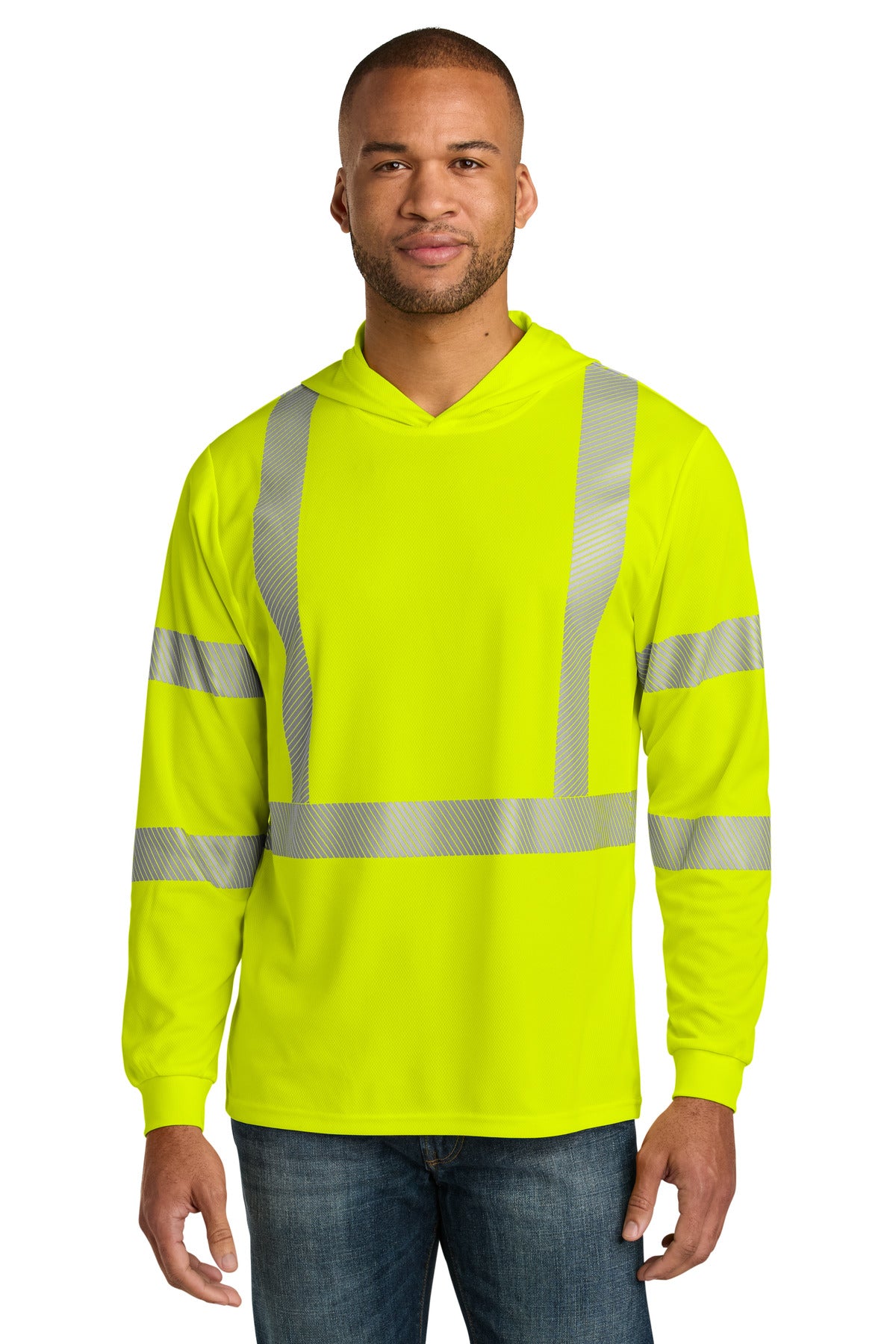 Custom Safety Yellow Segmented Tape Hooded Tee CS208, personalized by SanCanDo Swag in Argyle, TX