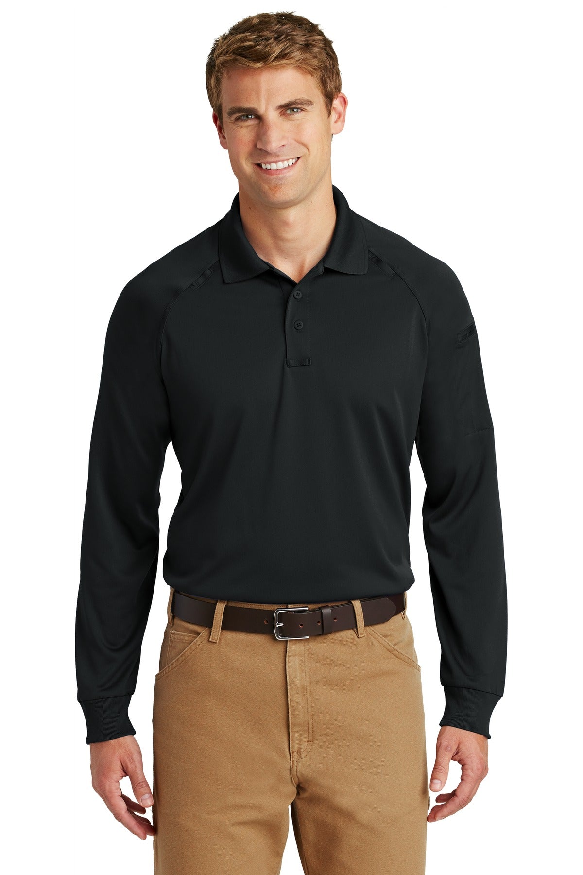 Custom Black Sleeve Snag-Proof Tactical Polo CS410LS, personalized by SanCanDo Swag in Argyle, TX