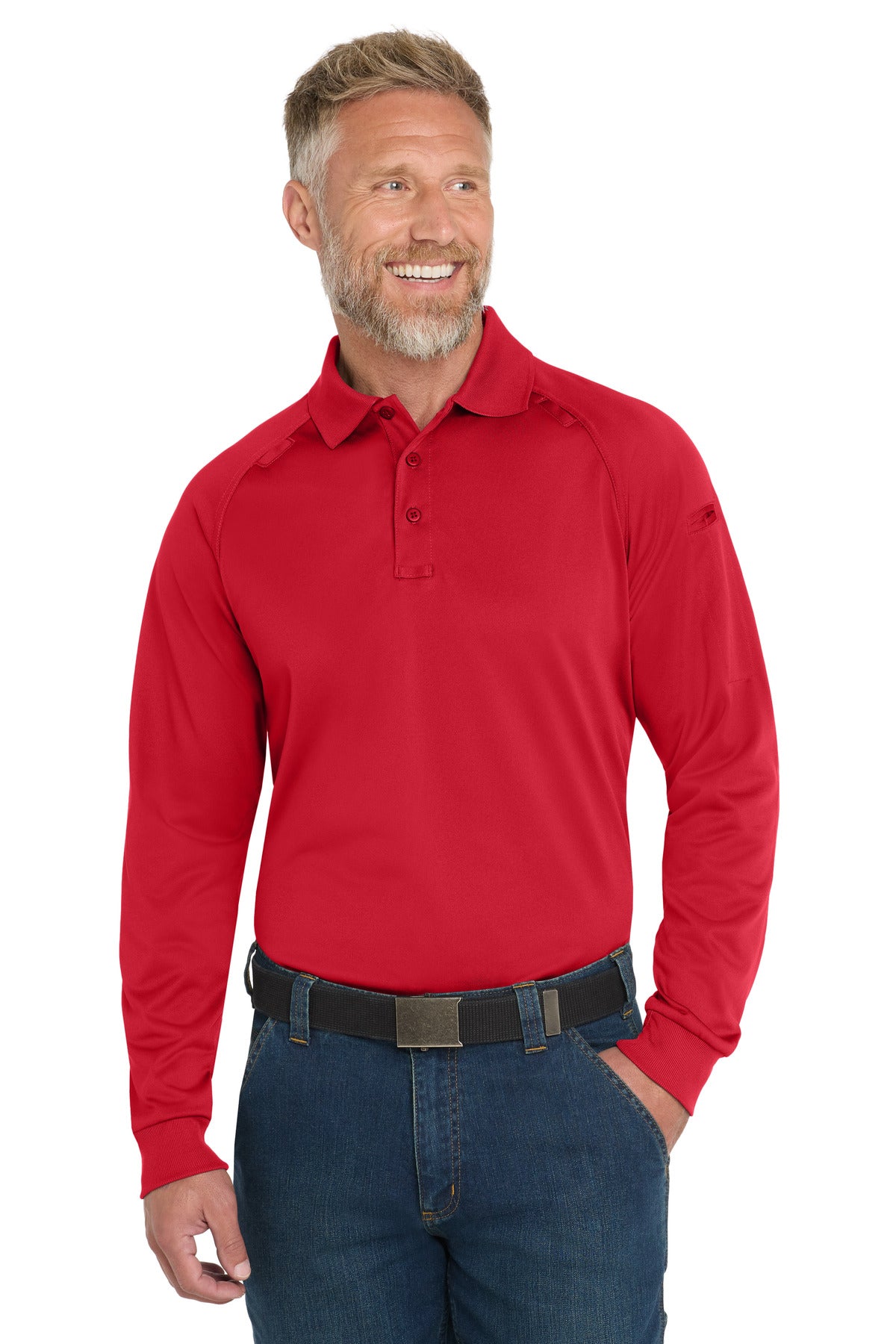 Custom Red Sleeve Snag-Proof Tactical Polo CS410LS, personalized by SanCanDo Swag in Argyle, TX