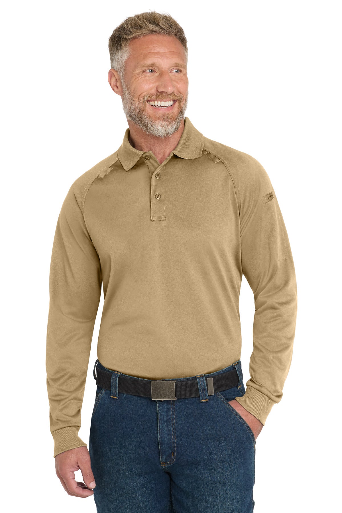 Custom Tan Sleeve Snag-Proof Tactical Polo CS410LS, personalized by SanCanDo Swag in Argyle, TX