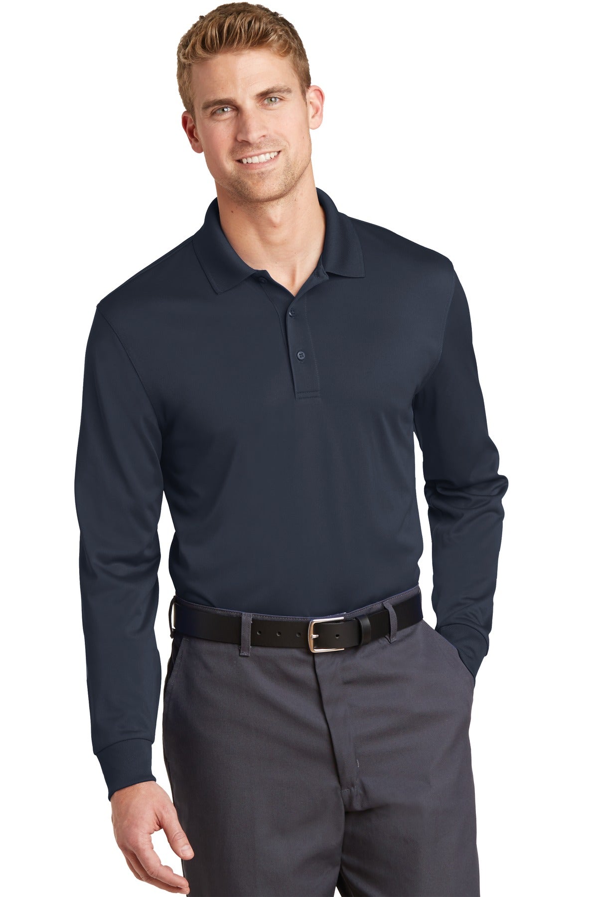 Custom Dark Navy Select Snag-Proof Long Sleeve Polo CS412LS, personalized by SanCanDo Swag in Argyle, TX