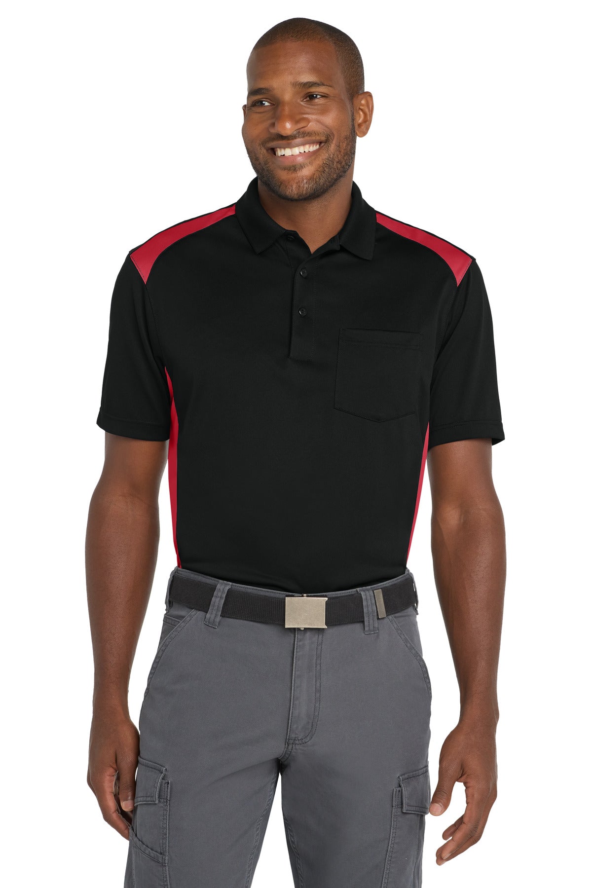 Custom Black/ Red Way Colorblock Pocket Polo CS416, personalized by SanCanDo Swag in Argyle, TX