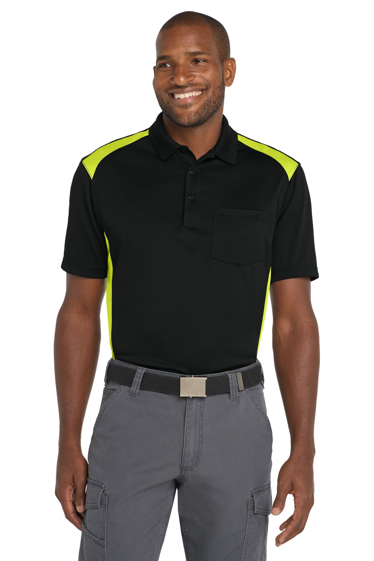 Custom Black/ Shock Green Way Colorblock Pocket Polo CS416, personalized by SanCanDo Swag in Argyle, TX