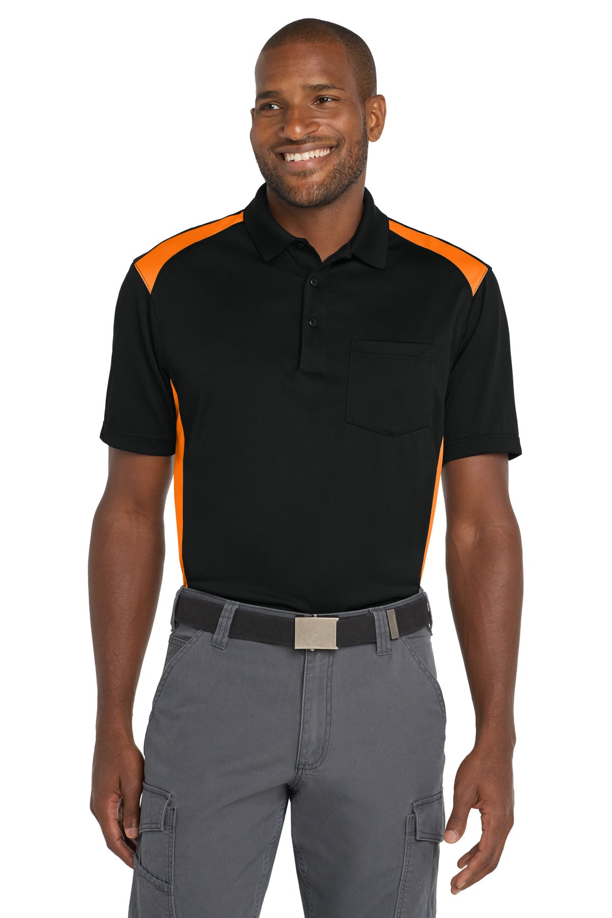 Custom Black/ Shock Orange Way Colorblock Pocket Polo CS416, personalized by SanCanDo Swag in Argyle, TX