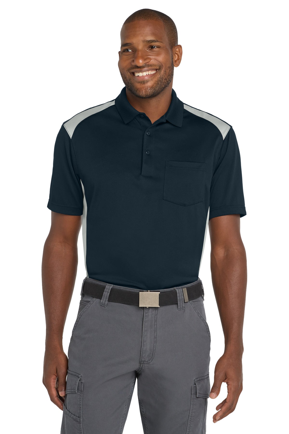 Custom Dark Navy/ Light Grey Way Colorblock Pocket Polo CS416, personalized by SanCanDo Swag in Argyle, TX