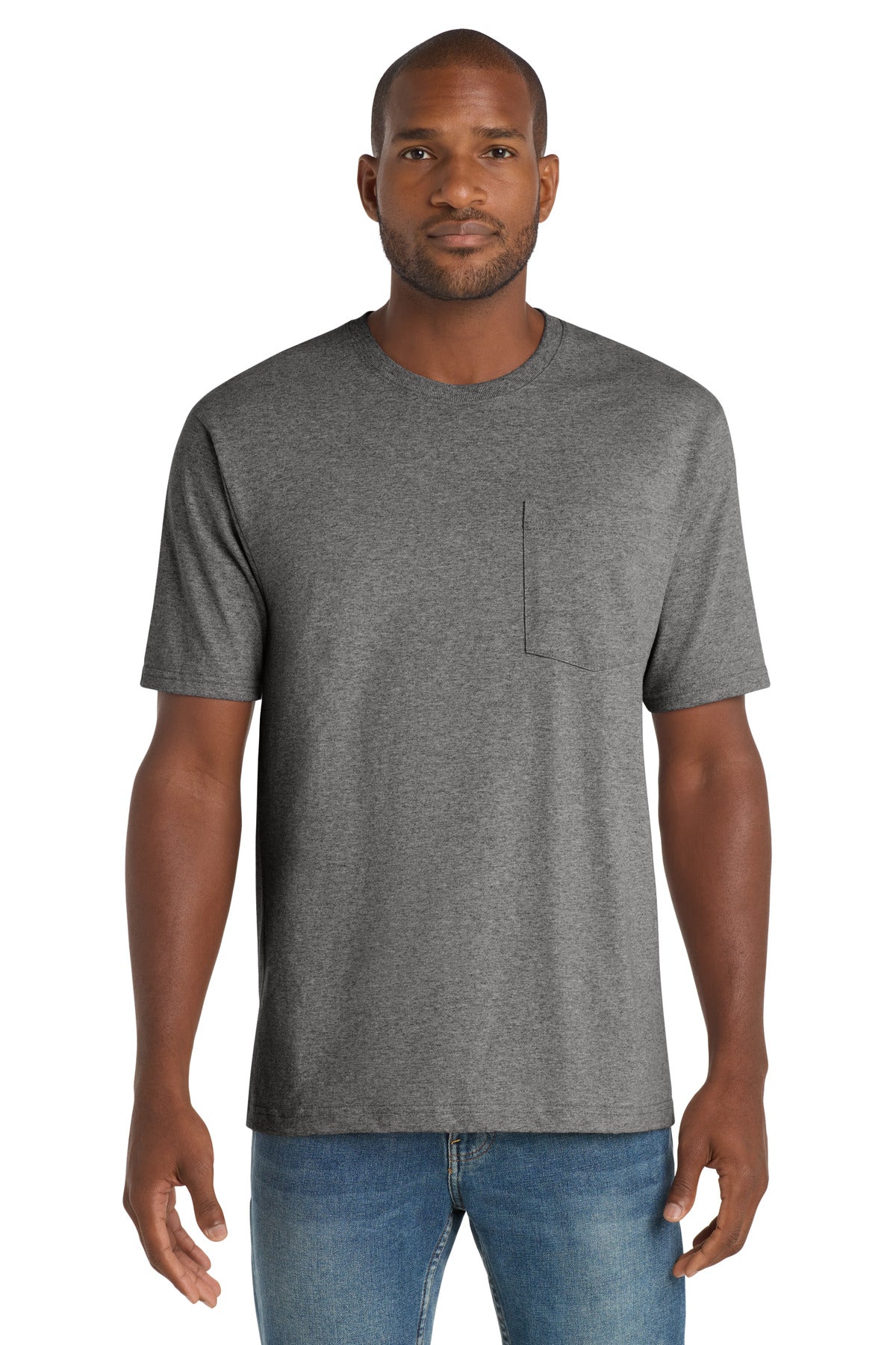 Custom Heathered Charcoal Workwear Pocket Tee CS430, personalized by SanCanDo Swag in Argyle, TX