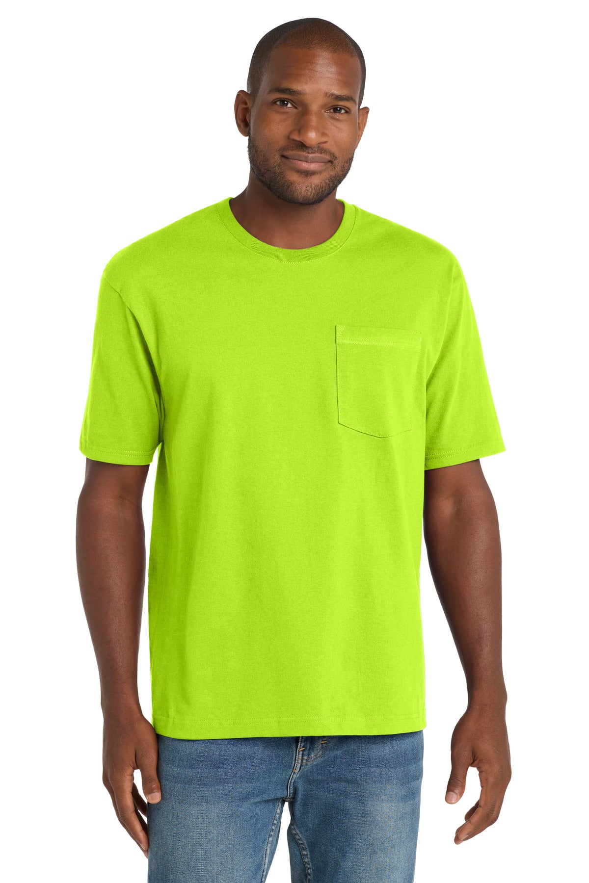 Custom Safety Green Workwear Pocket Tee CS430, personalized by SanCanDo Swag in Argyle, TX