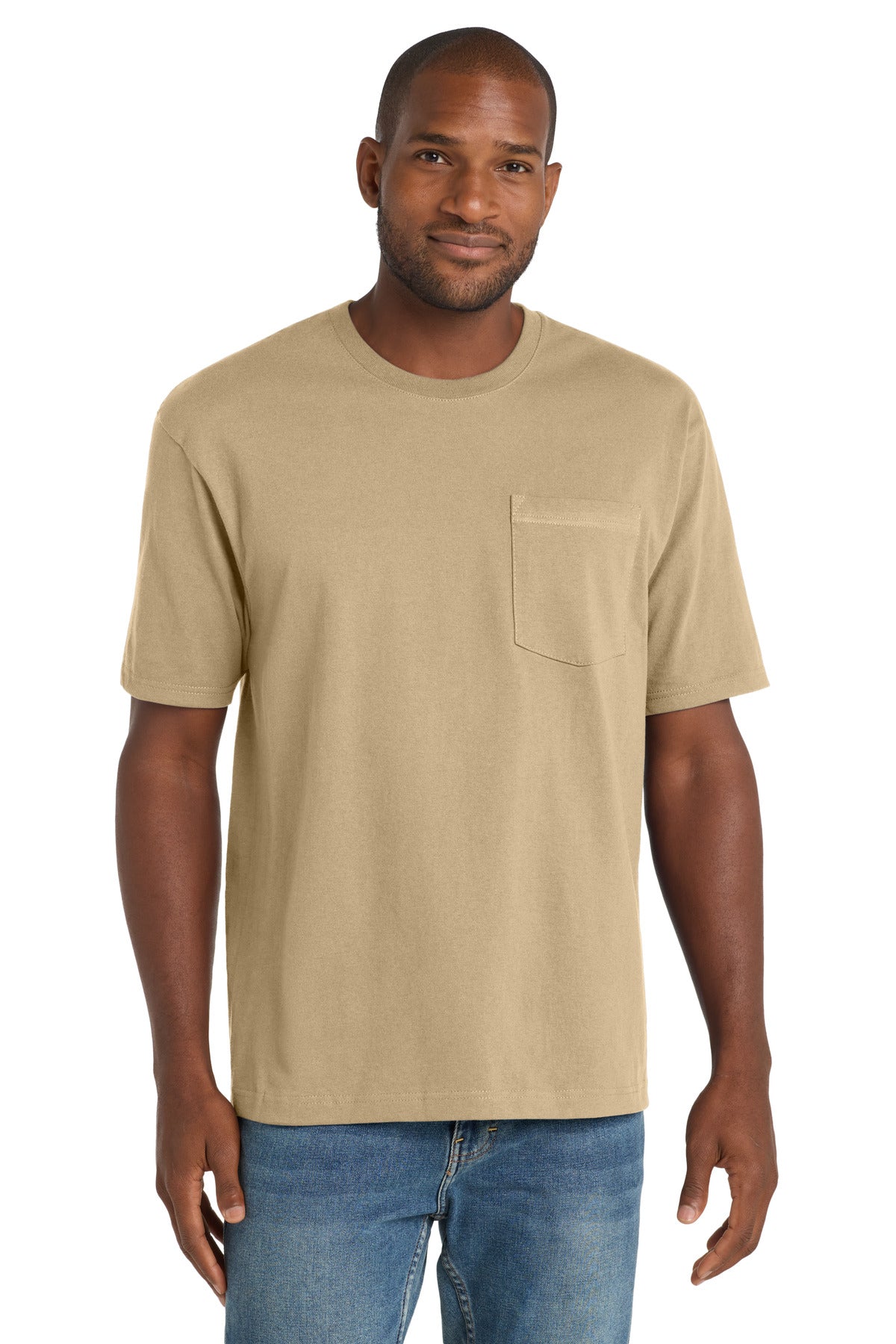 Custom Tan Workwear Pocket Tee CS430, personalized by SanCanDo Swag in Argyle, TX