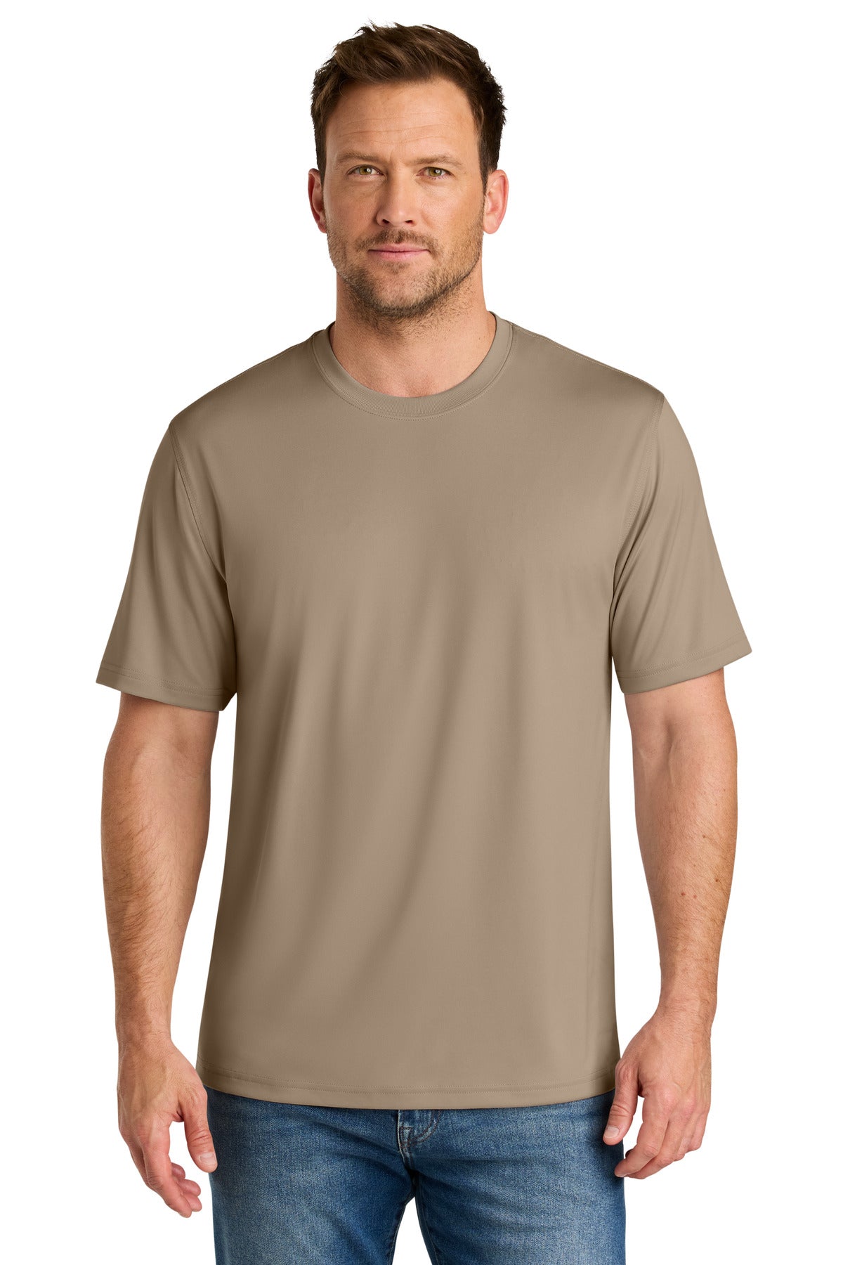 Custom Silver Tan Workwear Pro Tee CS440, personalized by SanCanDo Swag in Argyle, TX
