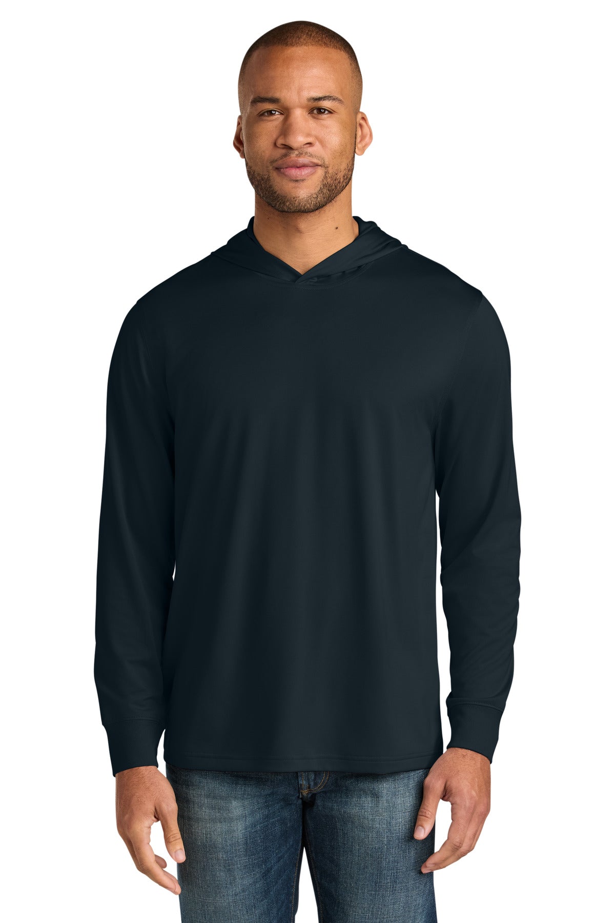 Custom Navy Workwear Pro Long Sleeve Hooded Tee CS440LSH, personalized by SanCanDo Swag in Argyle, TX