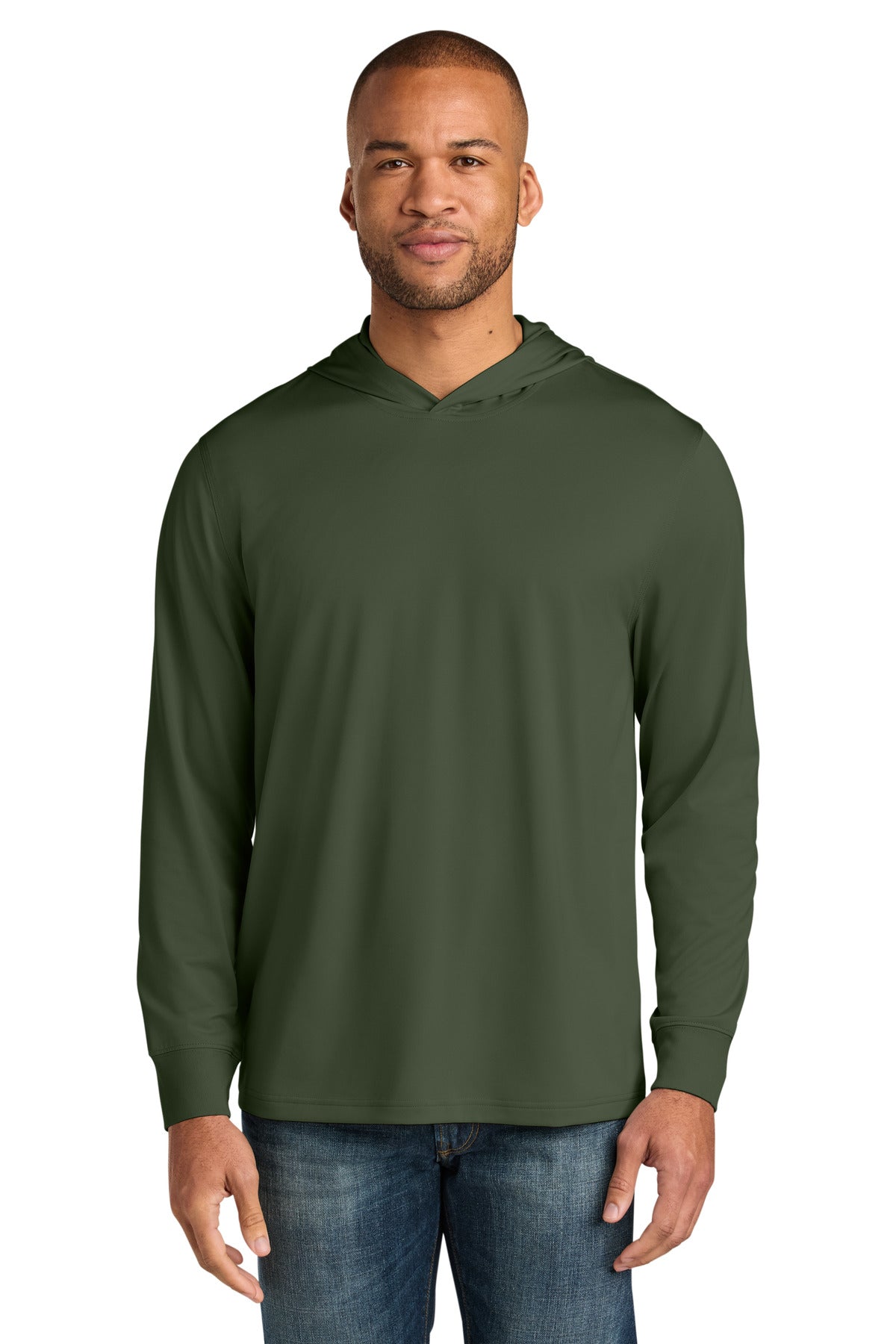 Custom Tactical Green Workwear Pro Long Sleeve Hooded Tee CS440LSH, personalized by SanCanDo Swag in Argyle, TX