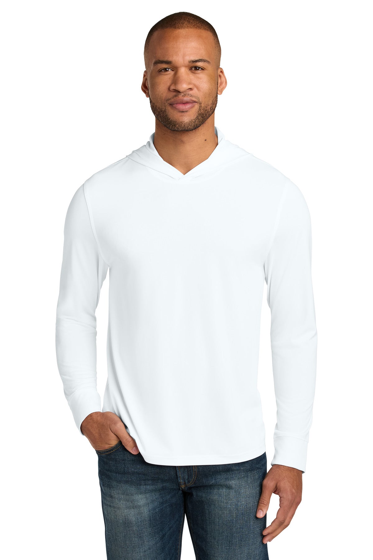 Custom White Workwear Pro Long Sleeve Hooded Tee CS440LSH, personalized by SanCanDo Swag in Argyle, TX