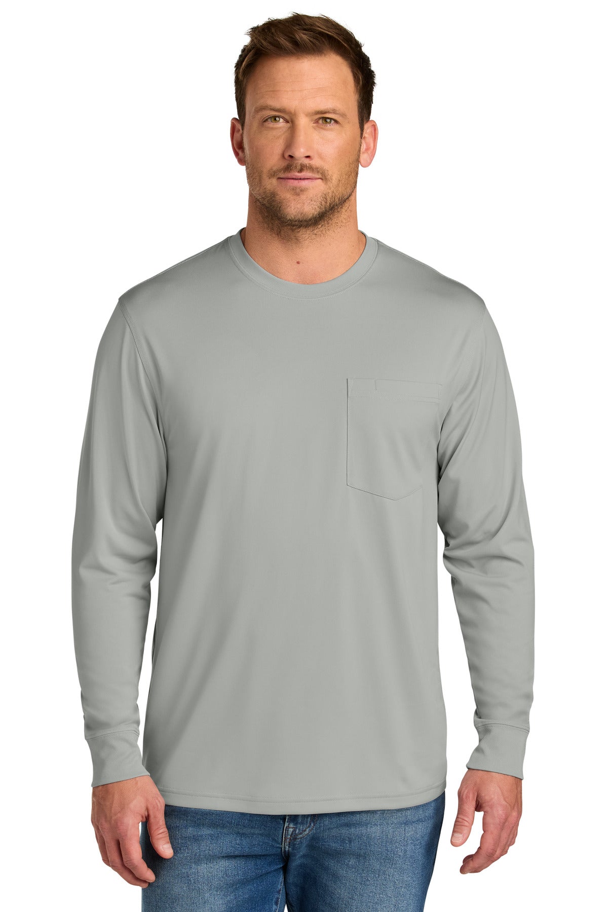 Custom Light Grey Workwear Pro Long Sleeve Pocket Tee CS440LSP, personalized by SanCanDo Swag in Argyle, TX